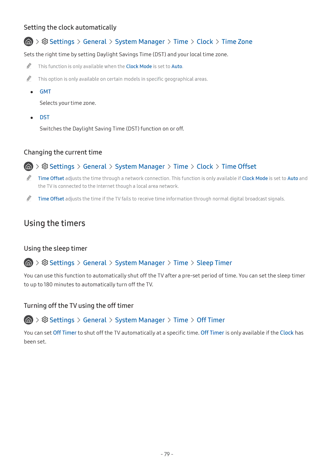 Samsung UA49M6300AKXXV, UA55M5520AKXXV manual Using the timers, Settings General System Manager Time Clock Time Zone 