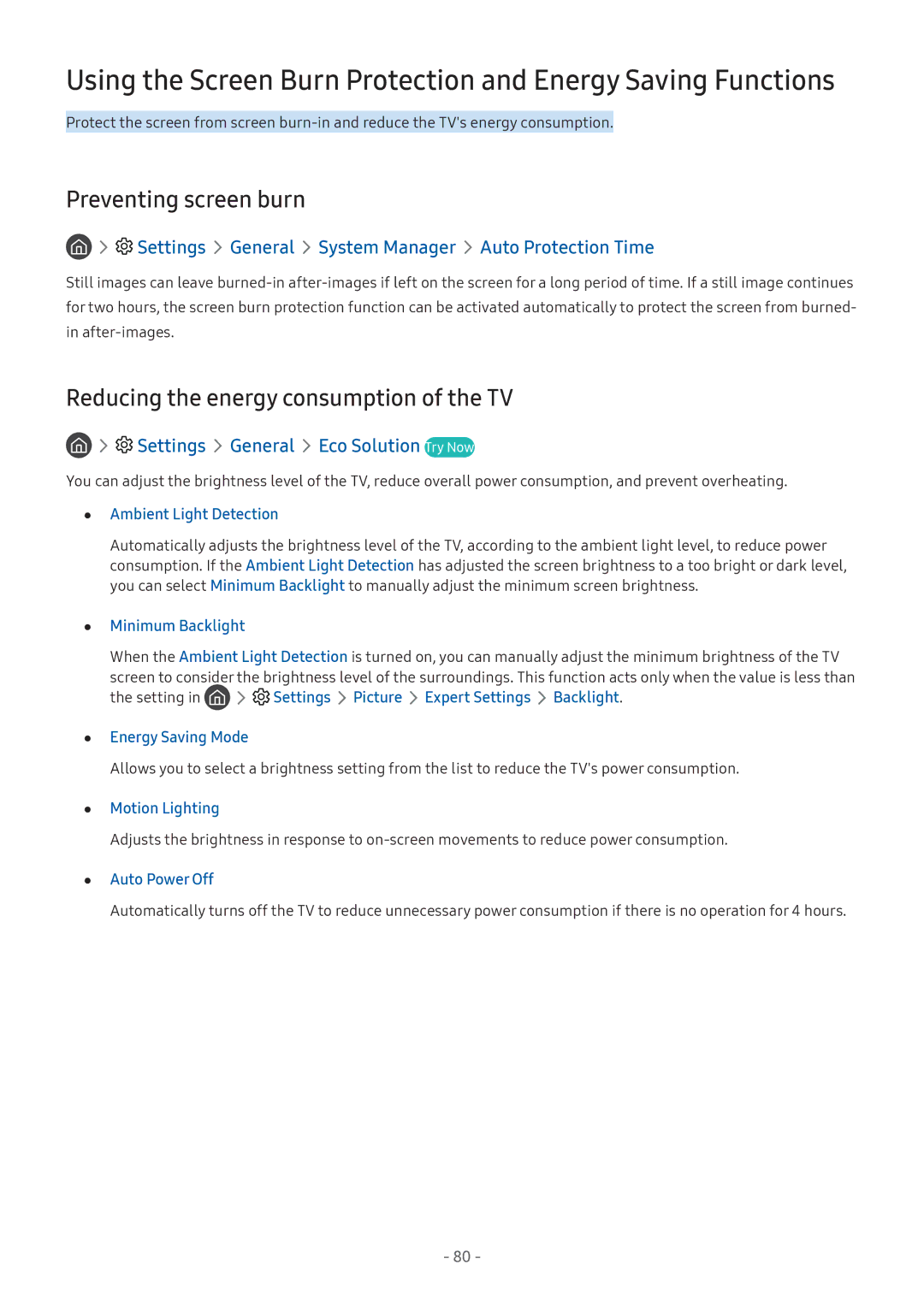 Samsung UA55M5520AKXXV, UA49M6300AKXXV, UA43M5523AKXXV Preventing screen burn, Reducing the energy consumption of the TV 
