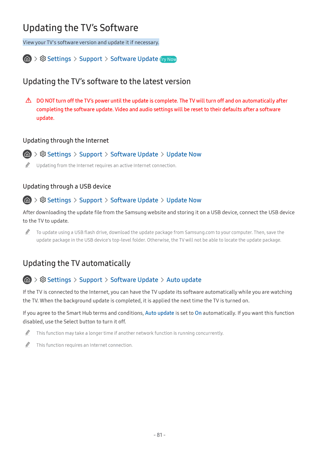 Samsung UA43M5523AKXXV, UA49M6300AKXXV, UA55M5520AKXXV Updating the TV’s Software, Settings Support Software Update Try Now 