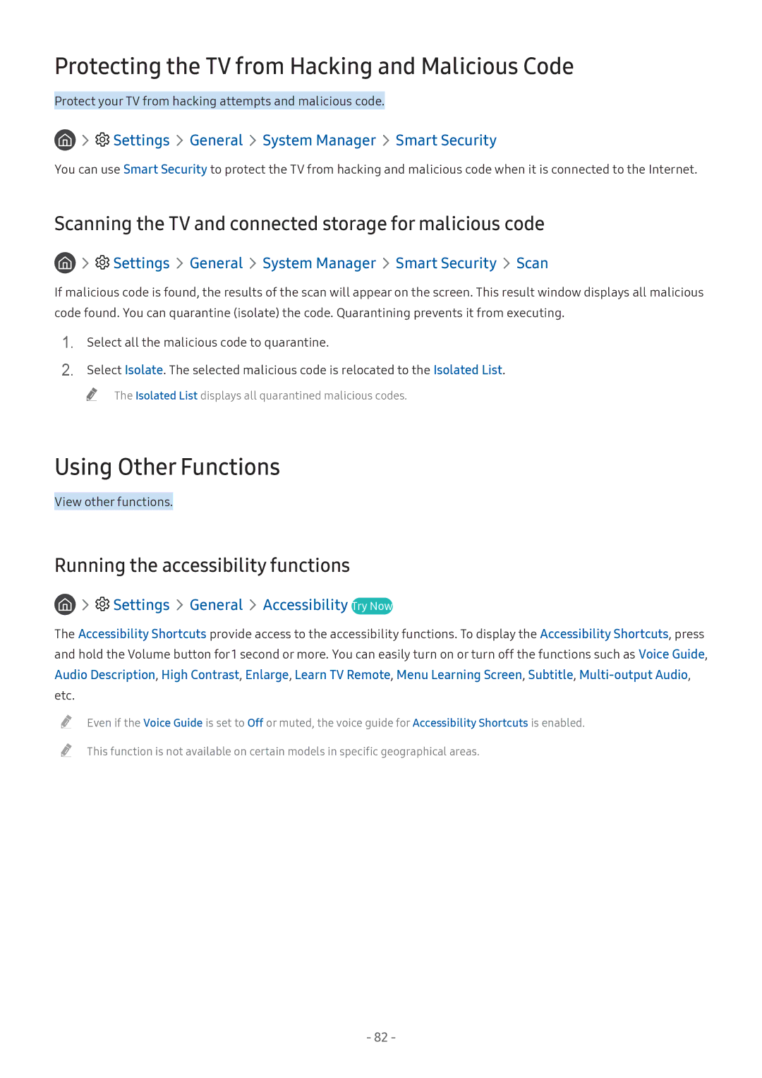 Samsung UA55M6300AKXXV, UA49M6300AKXXV manual Protecting the TV from Hacking and Malicious Code, Using Other Functions 