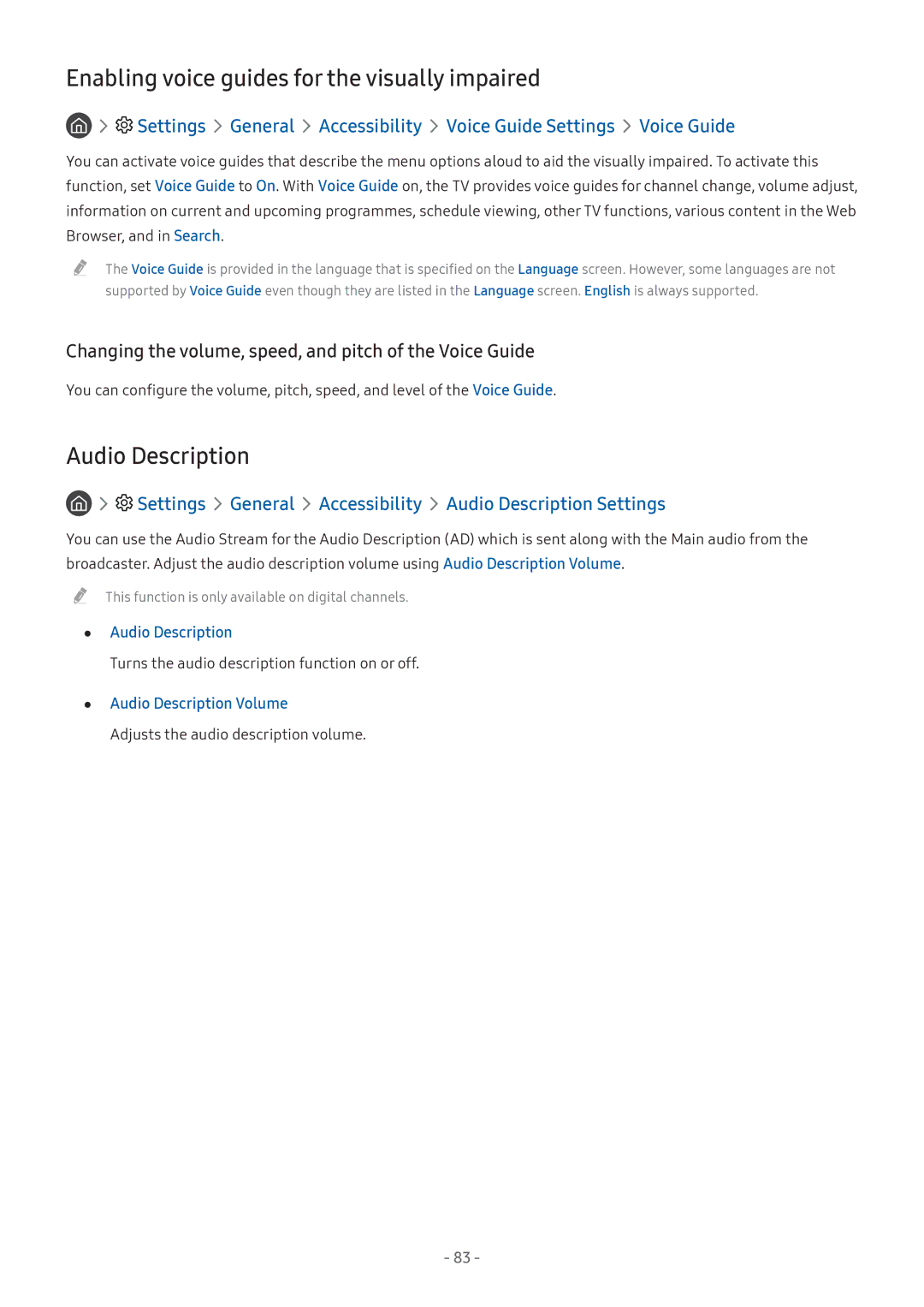 Samsung UA43M5500AKXXV, UA49M6300AKXXV, UA55M5520AKXXV Enabling voice guides for the visually impaired, Audio Description 