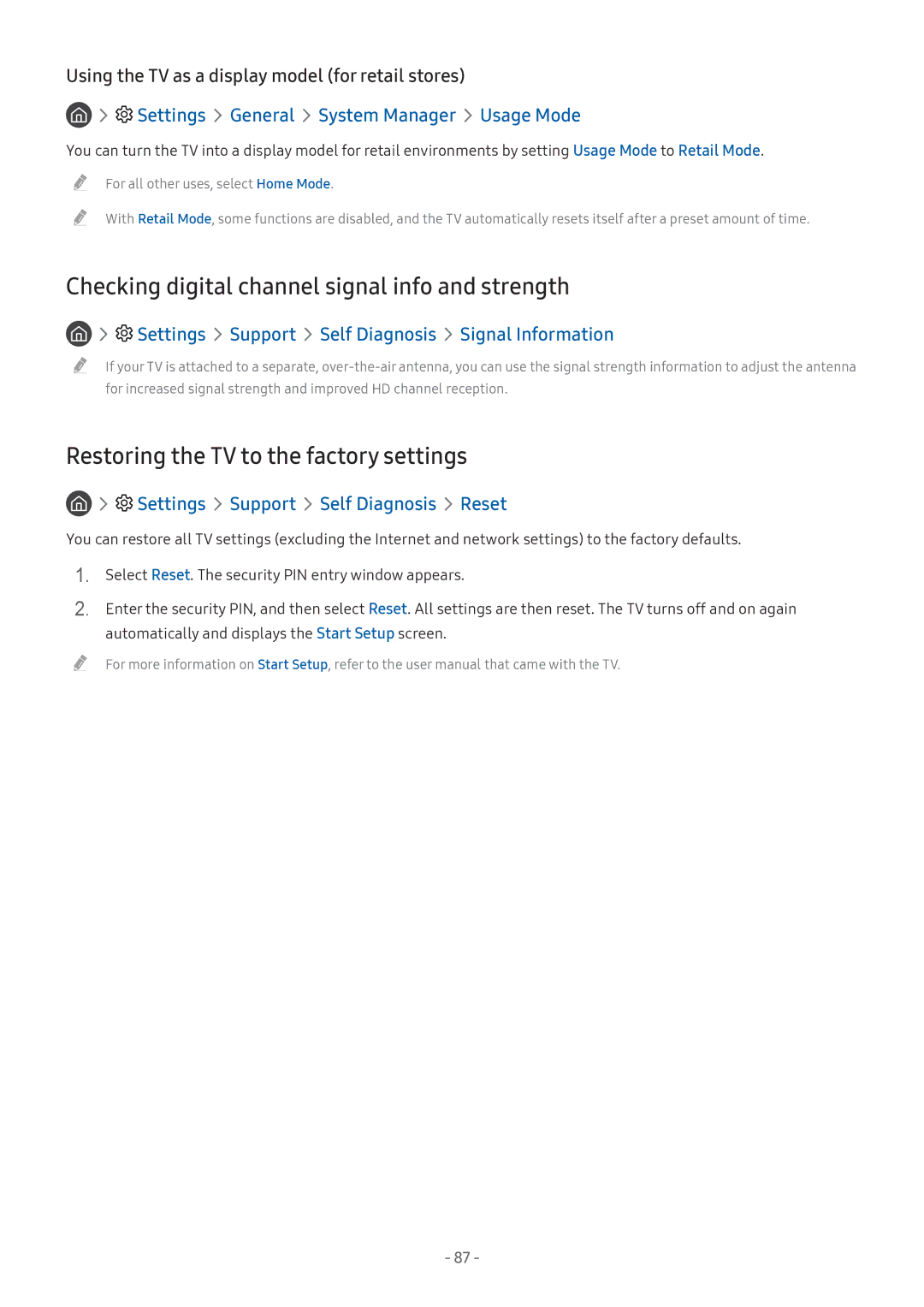 Samsung UA49M5523AKXXV manual Checking digital channel signal info and strength, Restoring the TV to the factory settings 