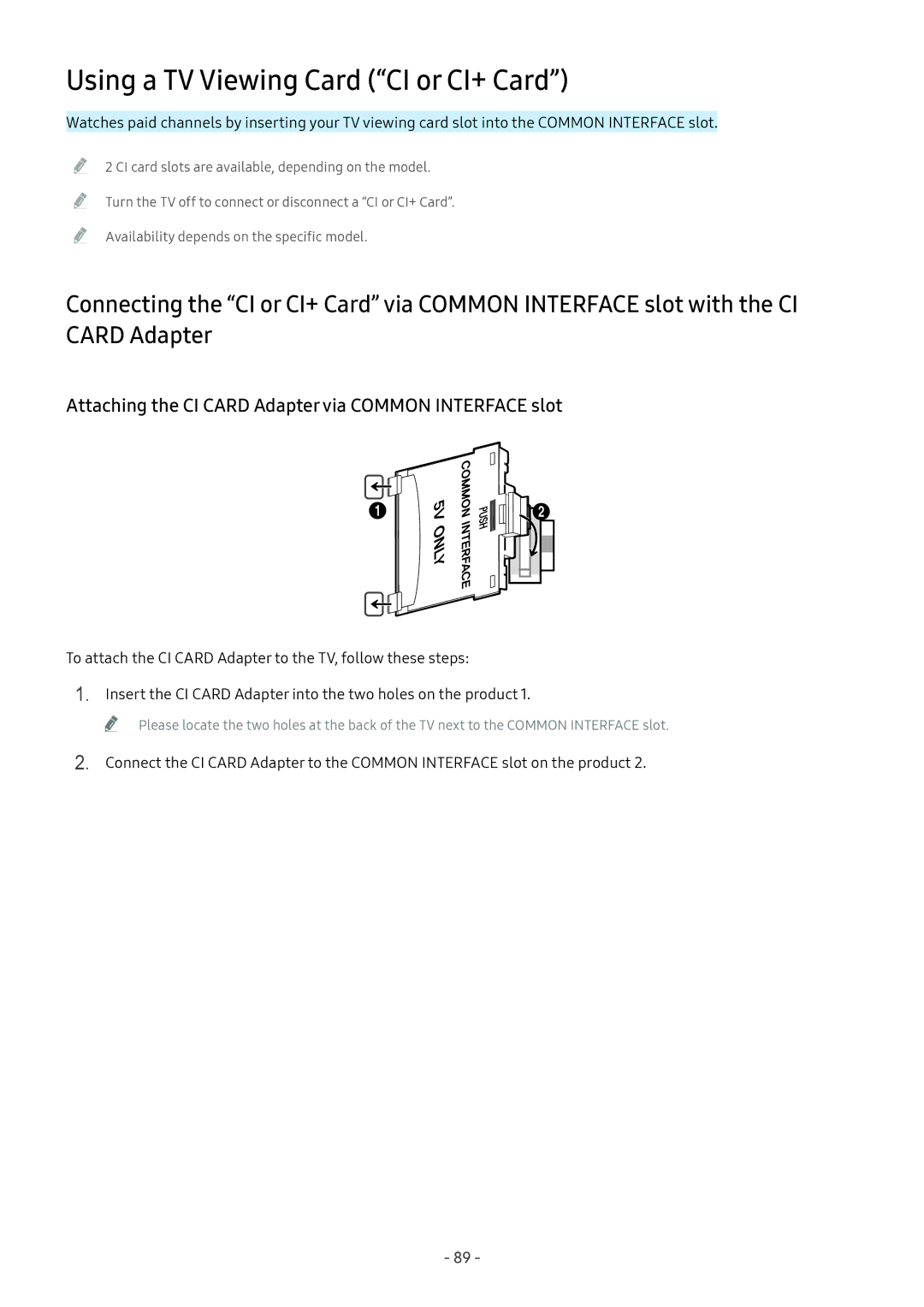 Samsung UA49M5503AKXXV Using a TV Viewing Card CI or CI+ Card, Attaching the CI Card Adapter via Common Interface slot 