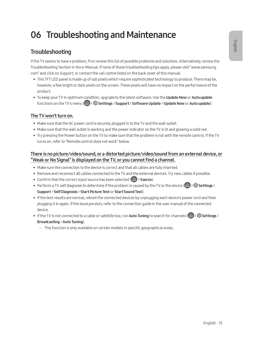 Samsung UA49MU7350WXMV manual Troubleshooting and Maintenance, TV won’t turn on 