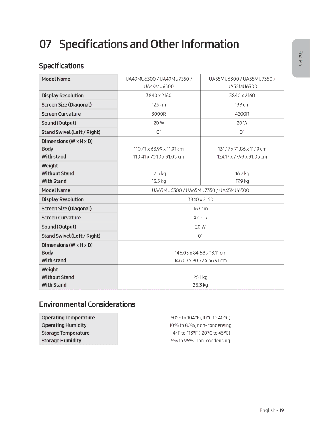 Samsung UA49MU7350WXMV manual Specifications and Other Information, Environmental Considerations 