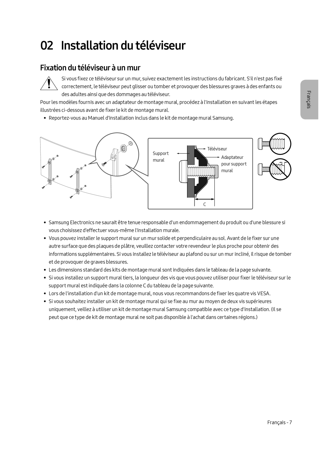 Samsung UA49MU7350WXMV manual Installation du téléviseur, Fixation du téléviseur à un mur 