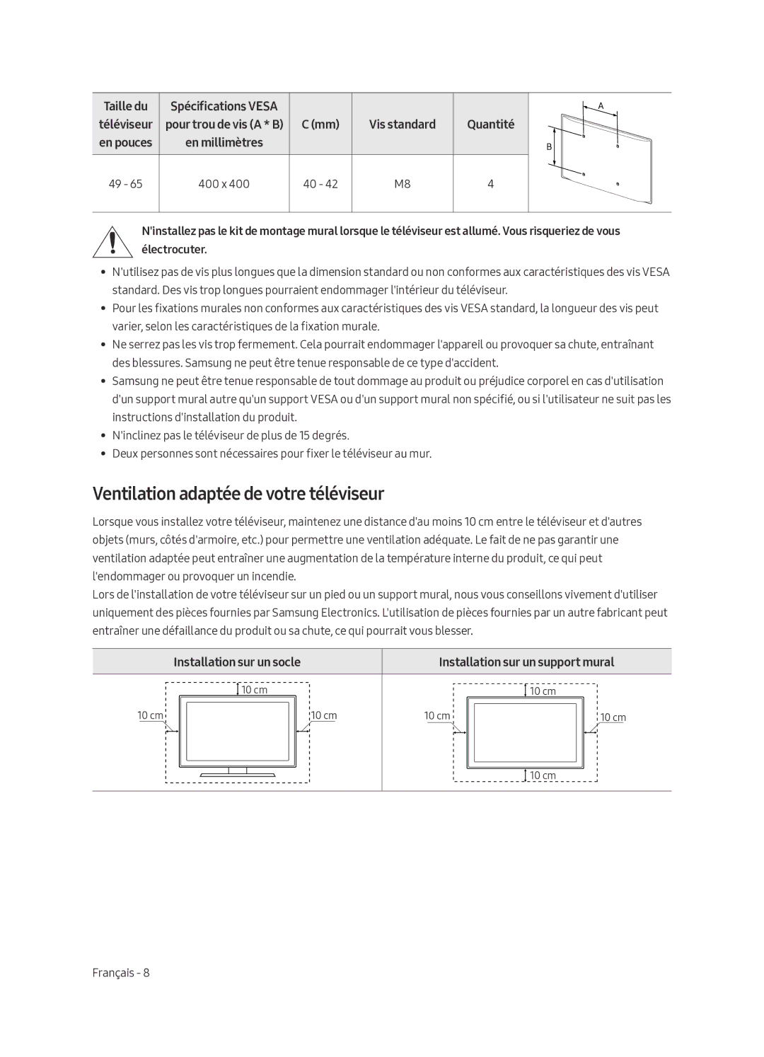 Samsung UA49MU7350WXMV manual Ventilation adaptée de votre téléviseur, Vis standard Quantité, Installation sur un socle 