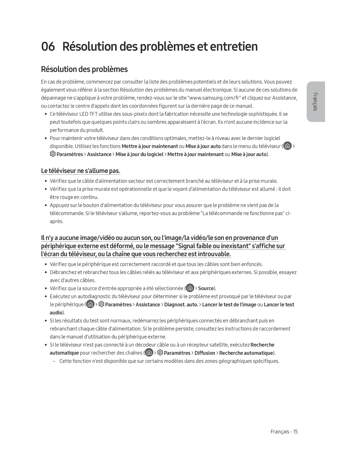 Samsung UA49MU7350WXMV manual 06 Résolution des problèmes et entretien, Le téléviseur ne sallume pas 