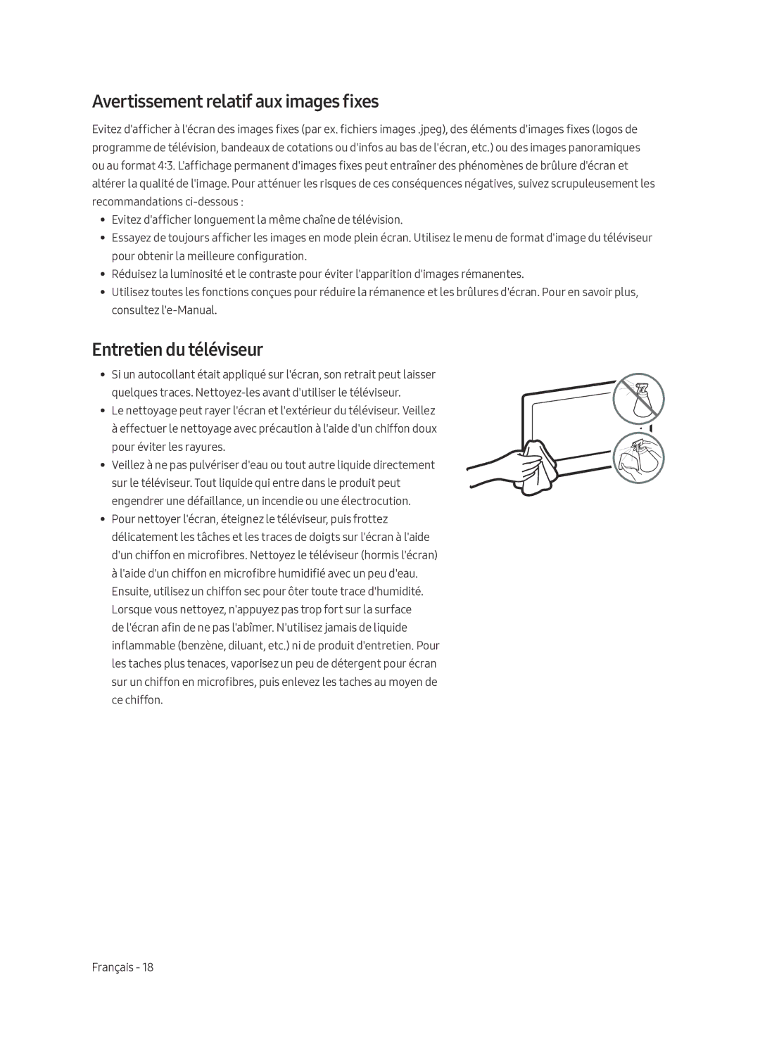 Samsung UA49MU7350WXMV manual Avertissement relatif aux images fixes, Entretien du téléviseur 