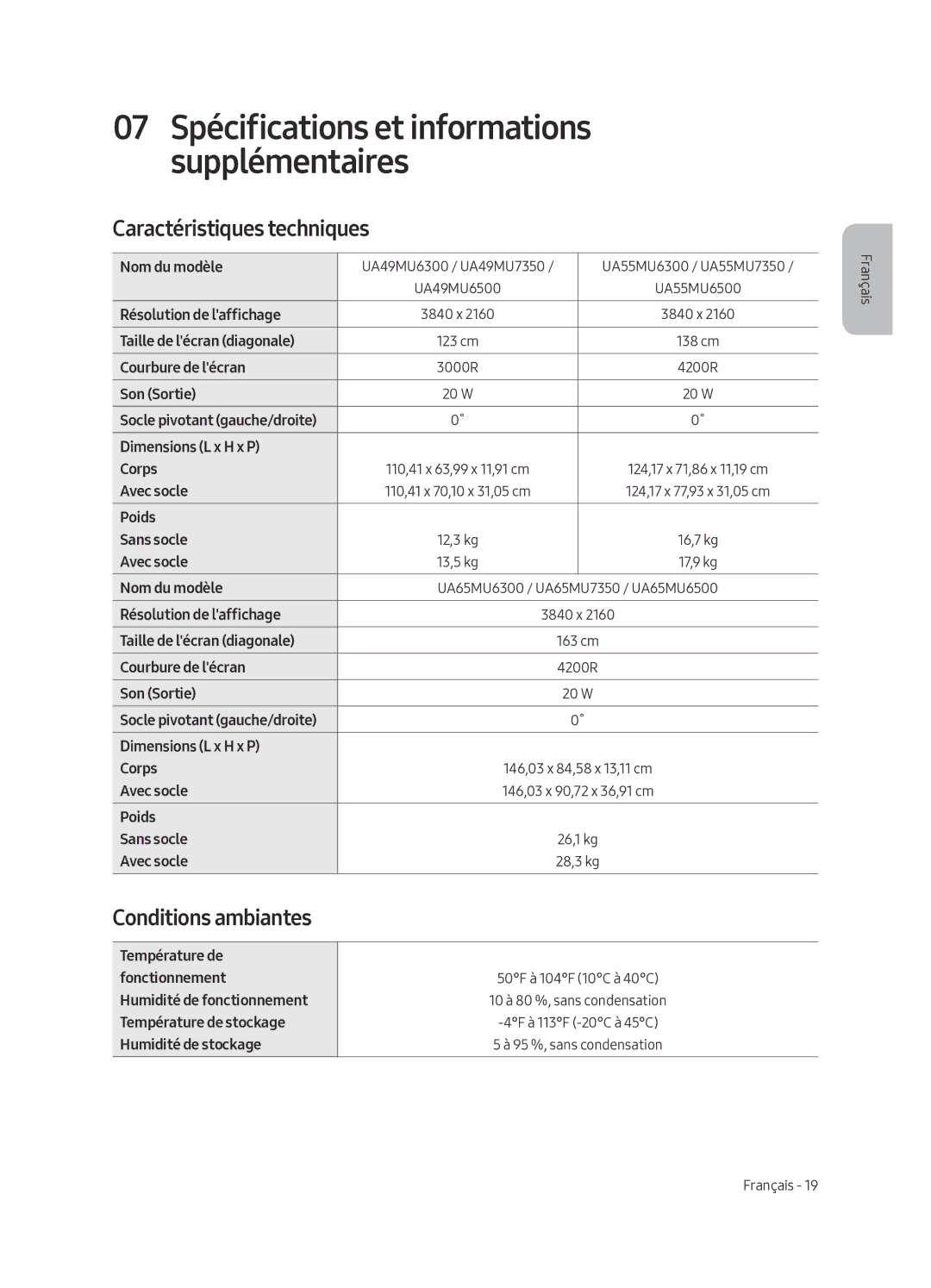 Samsung UA49MU7350WXMV manual Caractéristiques techniques, Conditions ambiantes 