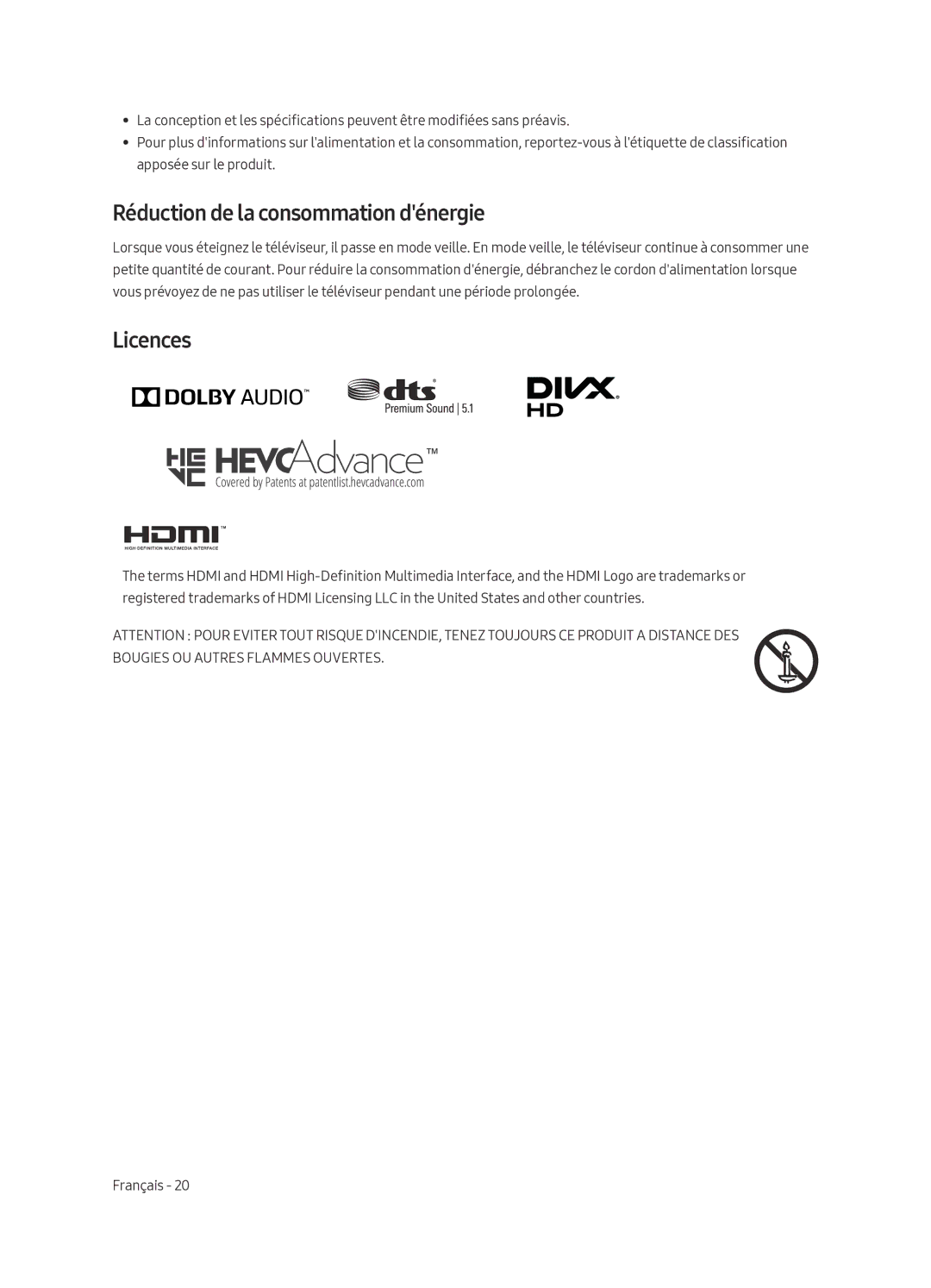 Samsung UA49MU7350WXMV manual Réduction de la consommation dénergie, Licences 