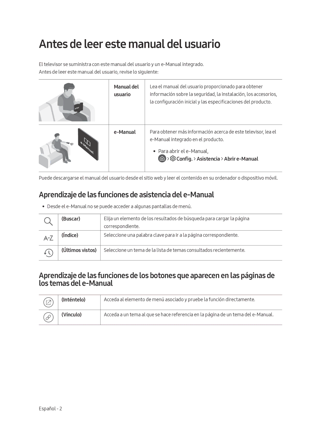 Samsung UA49MU7350WXMV Antes de leer este manual del usuario, Aprendizaje de las funciones de asistencia del e-Manual 