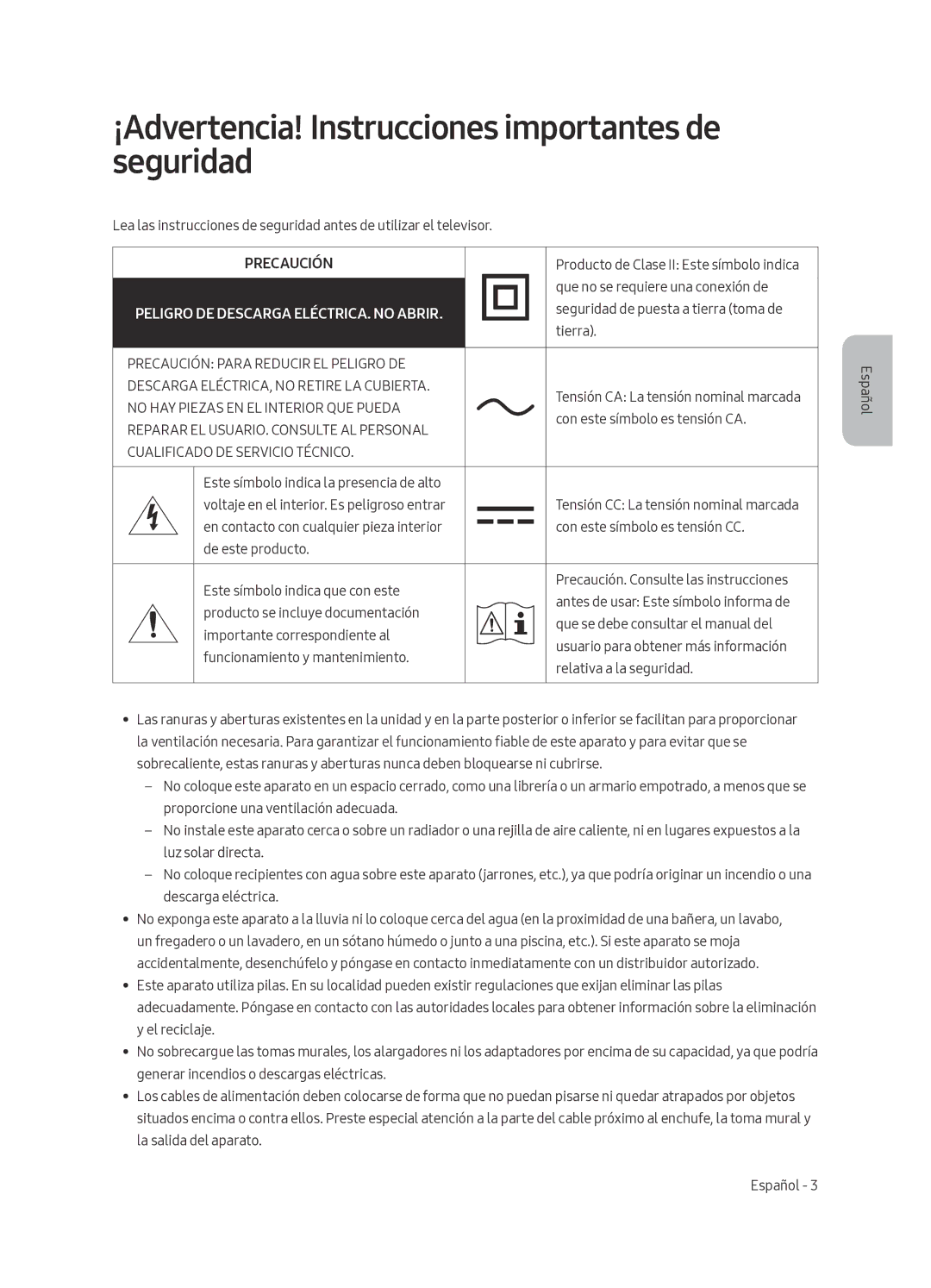 Samsung UA49MU7350WXMV manual ¡Advertencia! Instrucciones importantes de seguridad, Precaución 