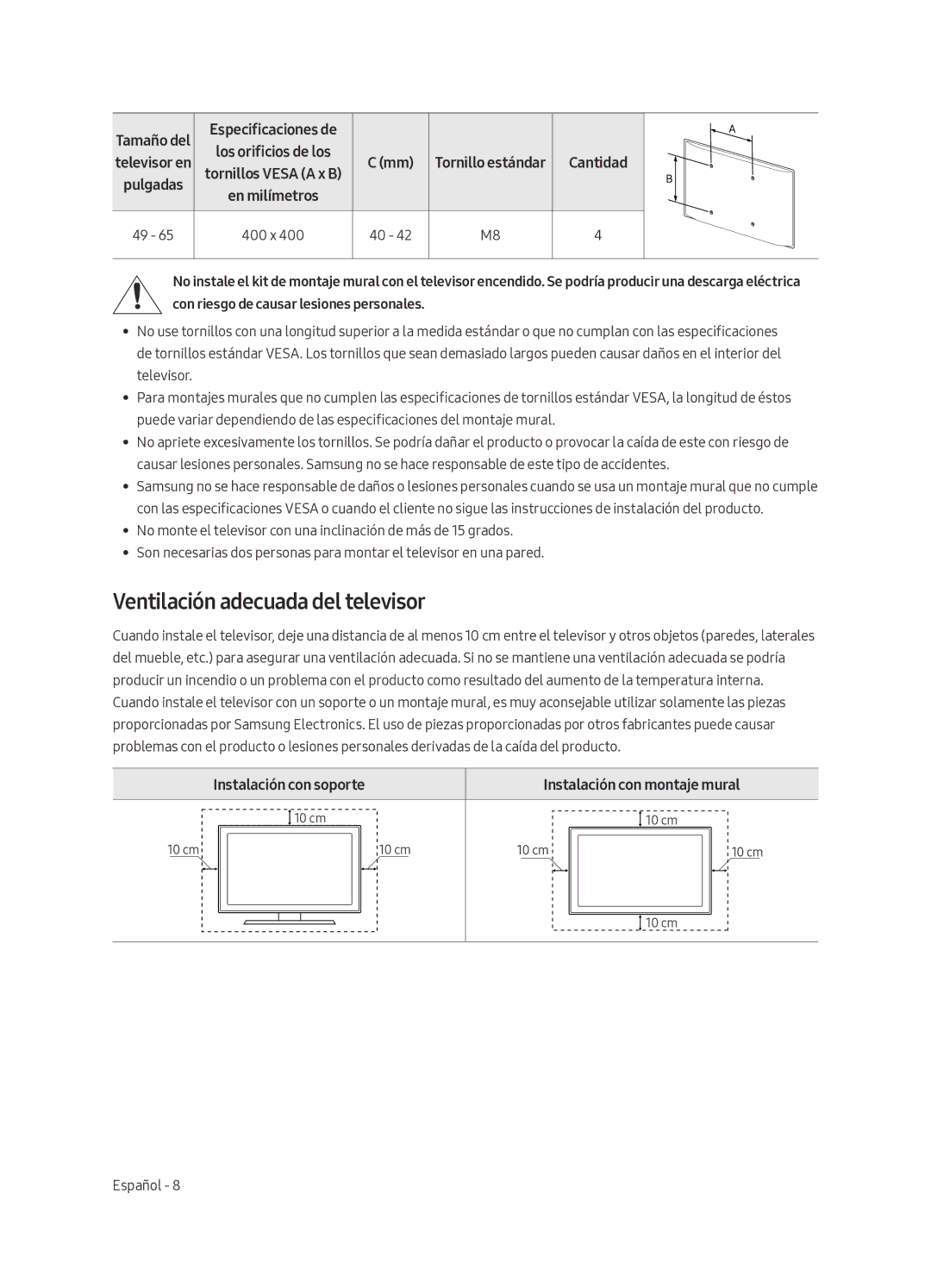 Samsung UA49MU7350WXMV manual Ventilación adecuada del televisor, Instalación con soporte Instalación con montaje mural 