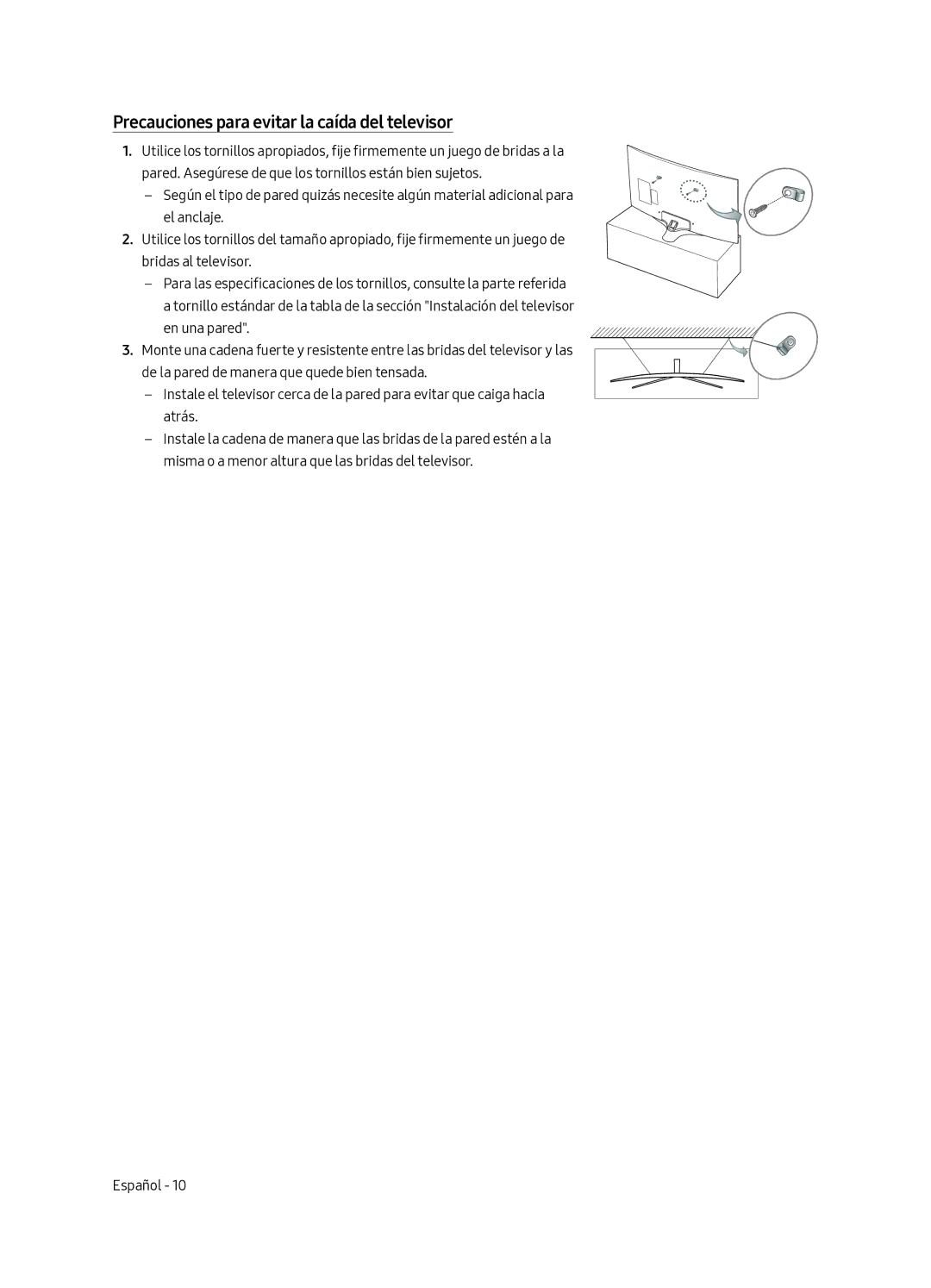 Samsung UA49MU7350WXMV manual Precauciones para evitar la caída del televisor 