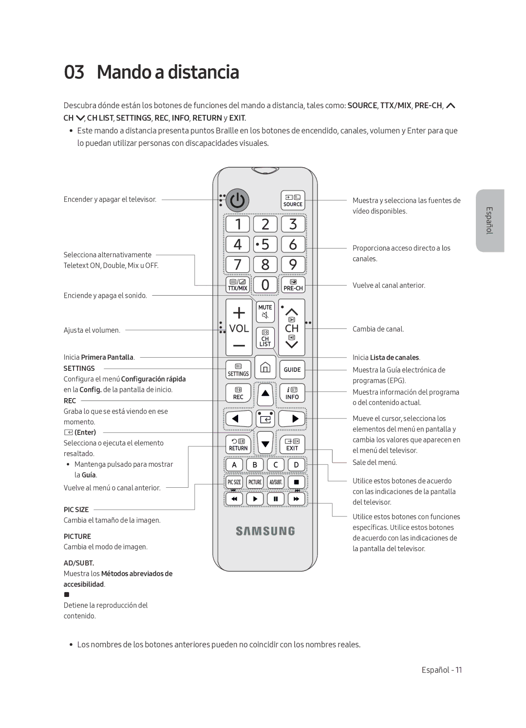 Samsung UA49MU7350WXMV manual Mando a distancia, Muestra los Métodos abreviados de accesibilidad 