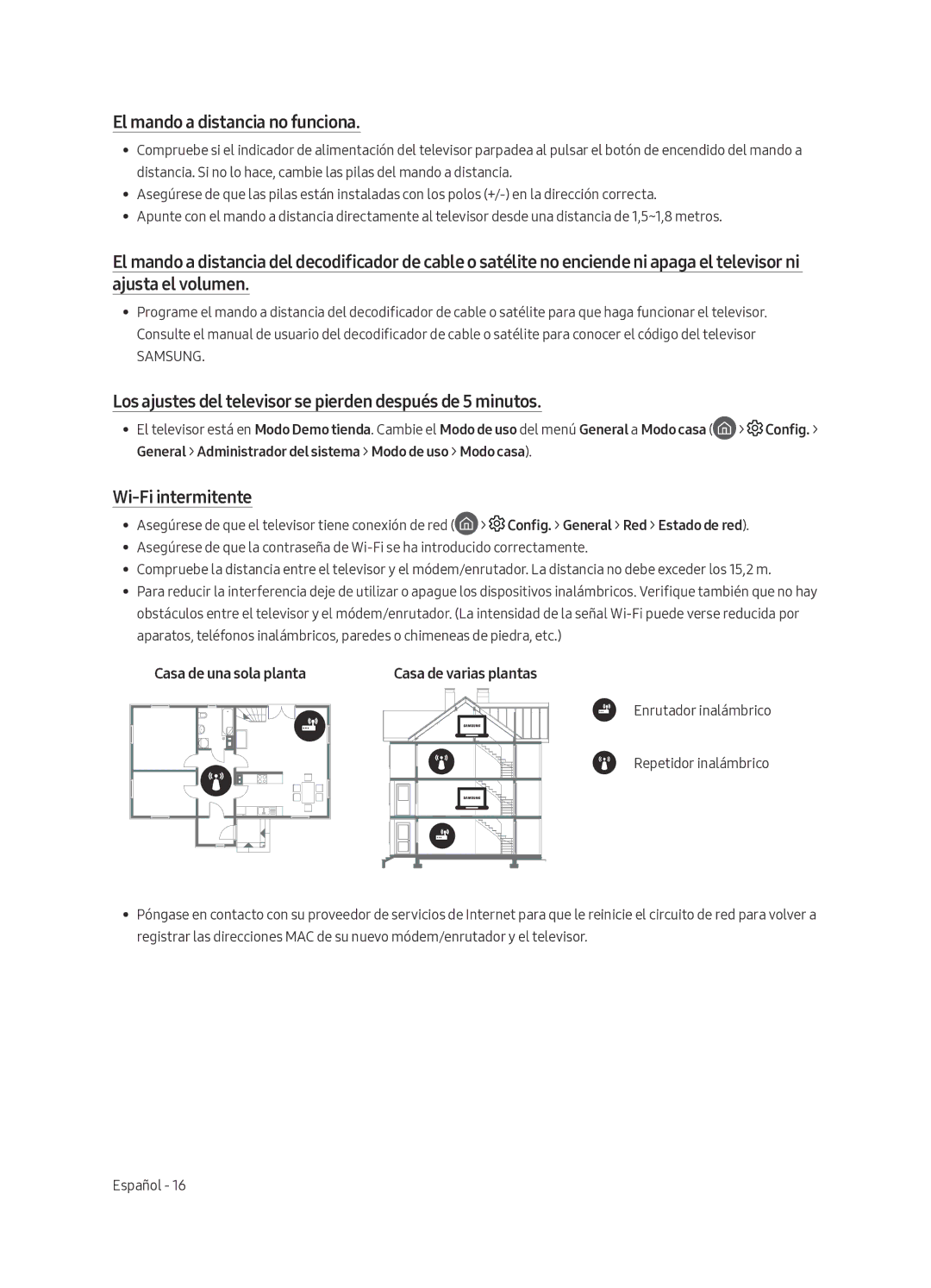 Samsung UA49MU7350WXMV manual El mando a distancia no funciona, Los ajustes del televisor se pierden después de 5 minutos 