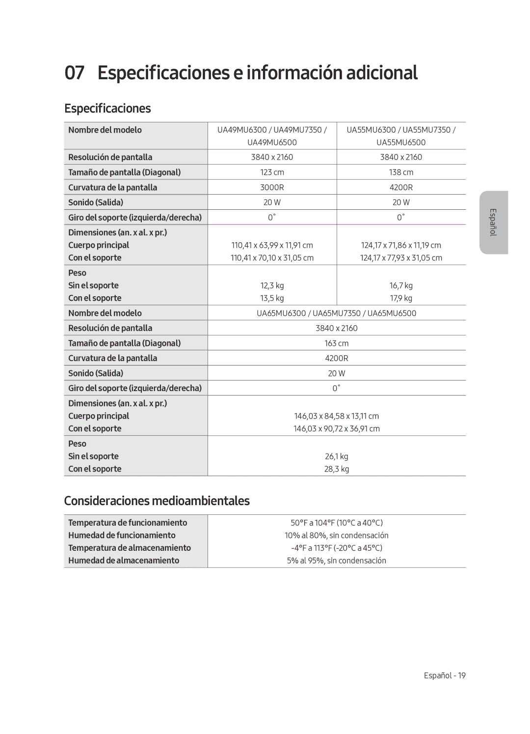 Samsung UA49MU7350WXMV manual Especificaciones, Consideraciones medioambientales 