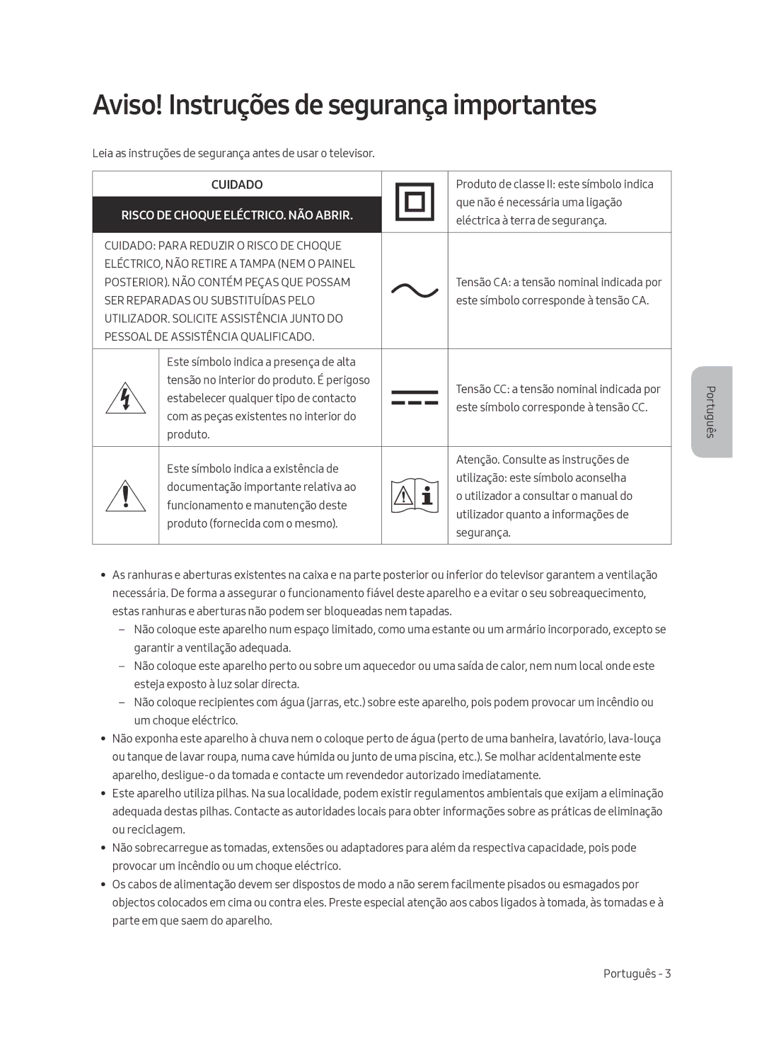 Samsung UA49MU7350WXMV manual Aviso! Instruções de segurança importantes, Risco DE Choque ELÉCTRICO. NÃO Abrir 