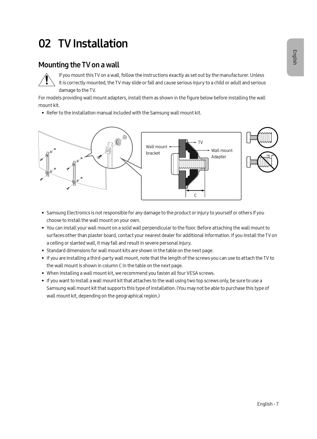 Samsung UA49MU7350WXMV manual TV Installation, Mounting the TV on a wall 