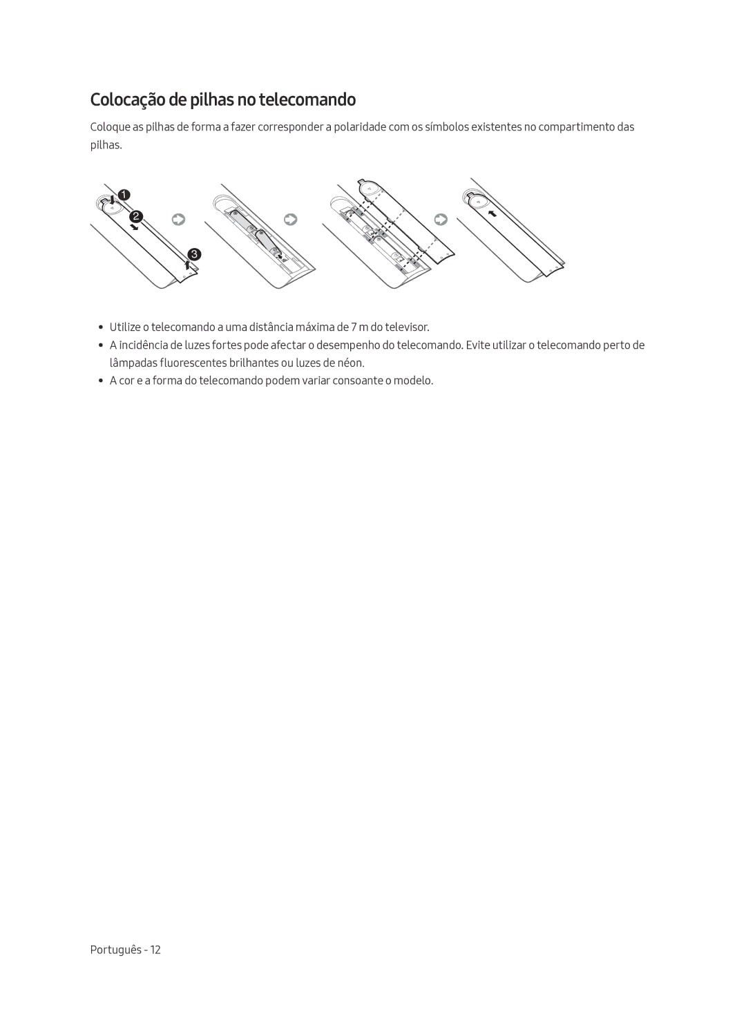 Samsung UA49MU7350WXMV manual Colocação de pilhas no telecomando 