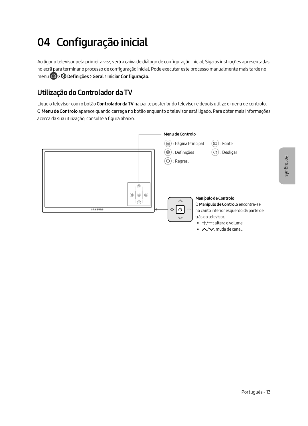 Samsung UA49MU7350WXMV manual Configuração inicial, Utilização do Controlador da TV 