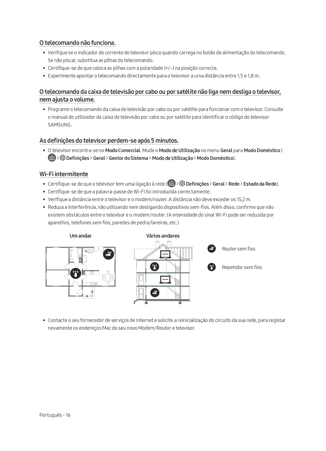 Samsung UA49MU7350WXMV manual Telecomando não funciona, As definições do televisor perdem-se após 5 minutos 