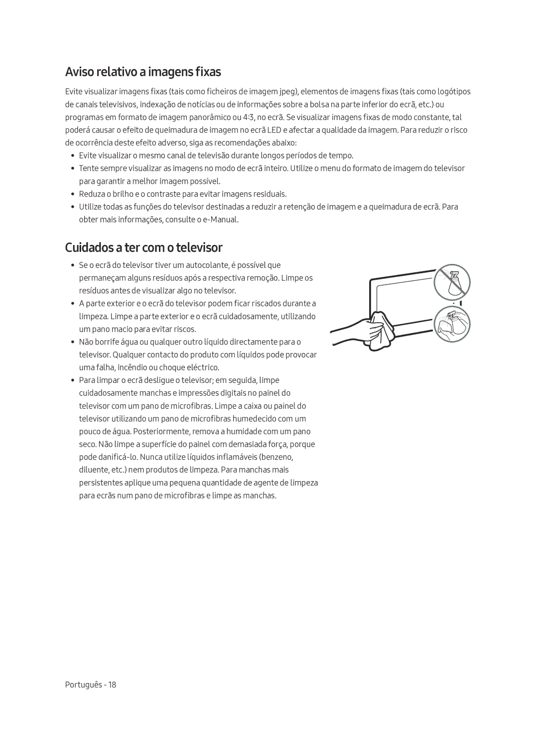 Samsung UA49MU7350WXMV manual Aviso relativo a imagens fixas, Cuidados a ter com o televisor 