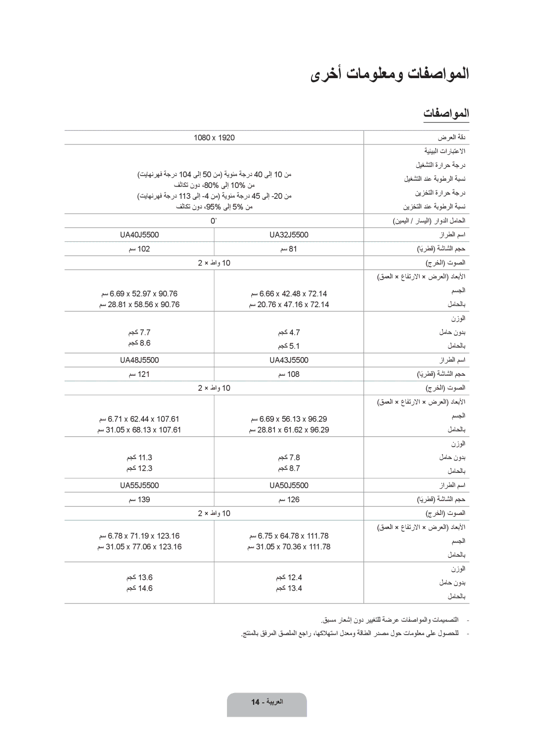 Samsung UA40J5500ARXUM, UA50J5500ARXUM, UA43J5500ARXUM manual ىرخأ تامولعمو تافصاوملا 