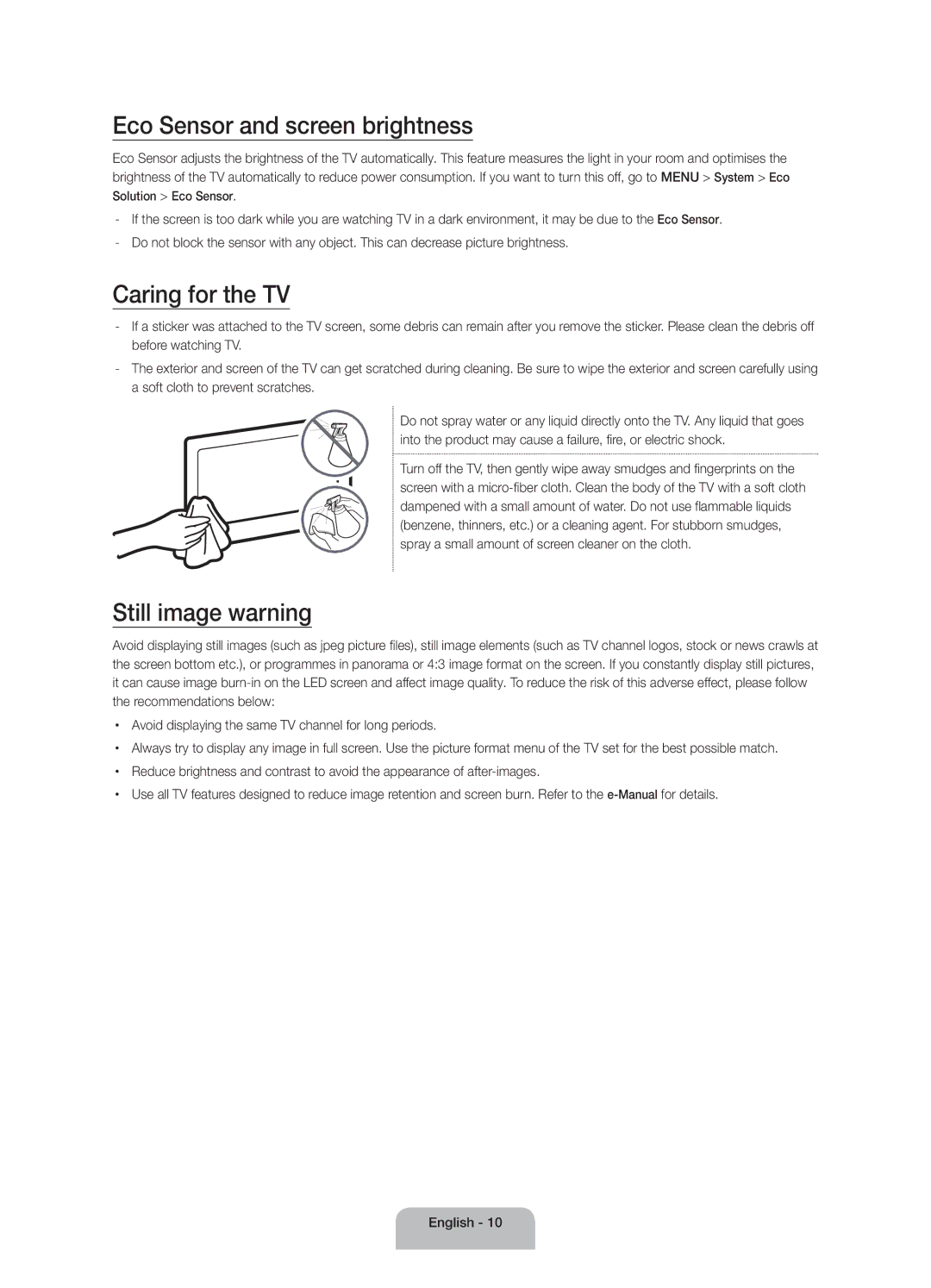 Samsung UA50JU6400RXUM, UA60JU6400RXUM manual Eco Sensor and screen brightness, Caring for the TV, Still image warning 