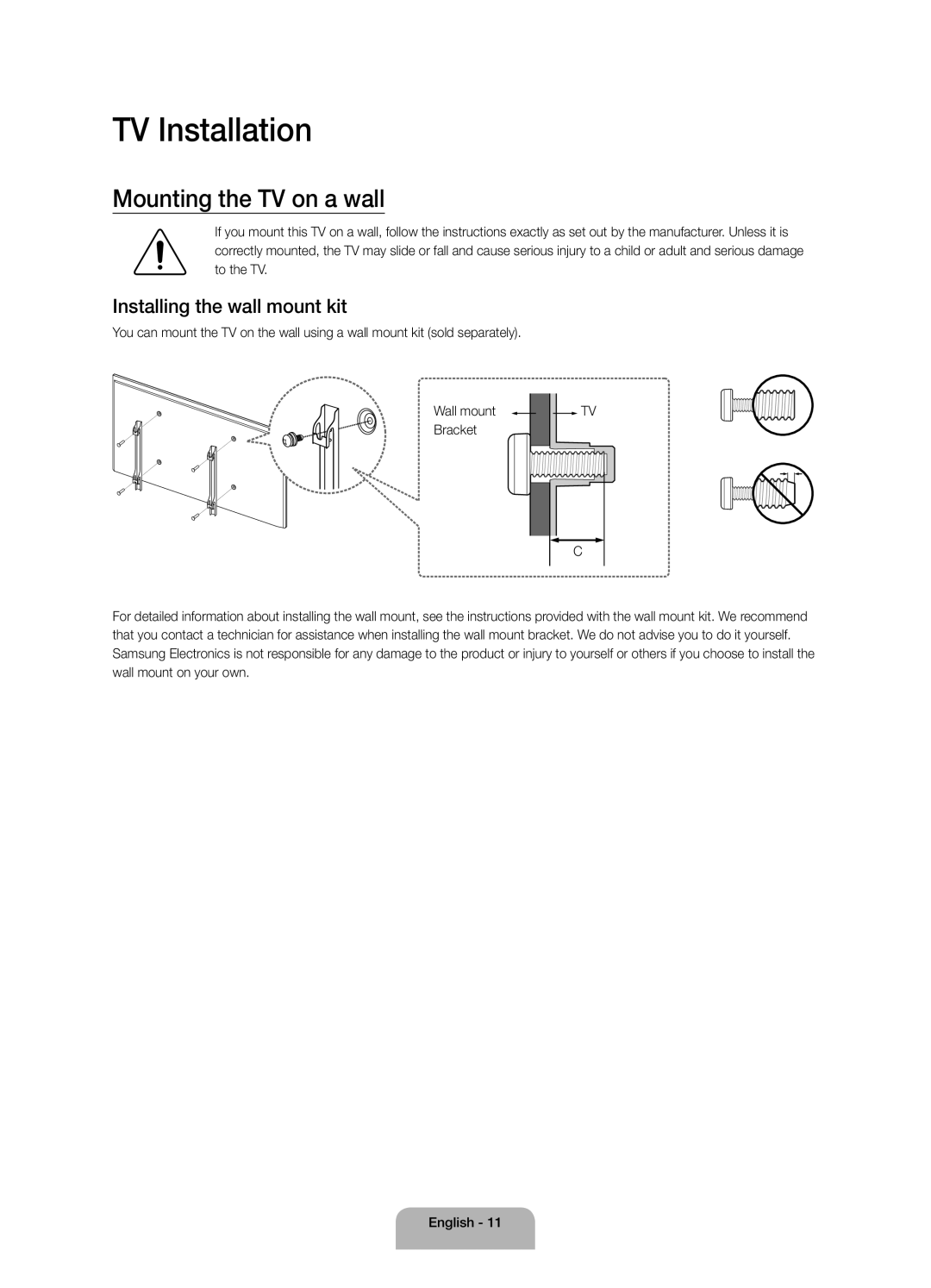 Samsung UA60JU6400RXUM, UA50JU6400RXUM manual TV Installation, Mounting the TV on a wall, Installing the wall mount kit 