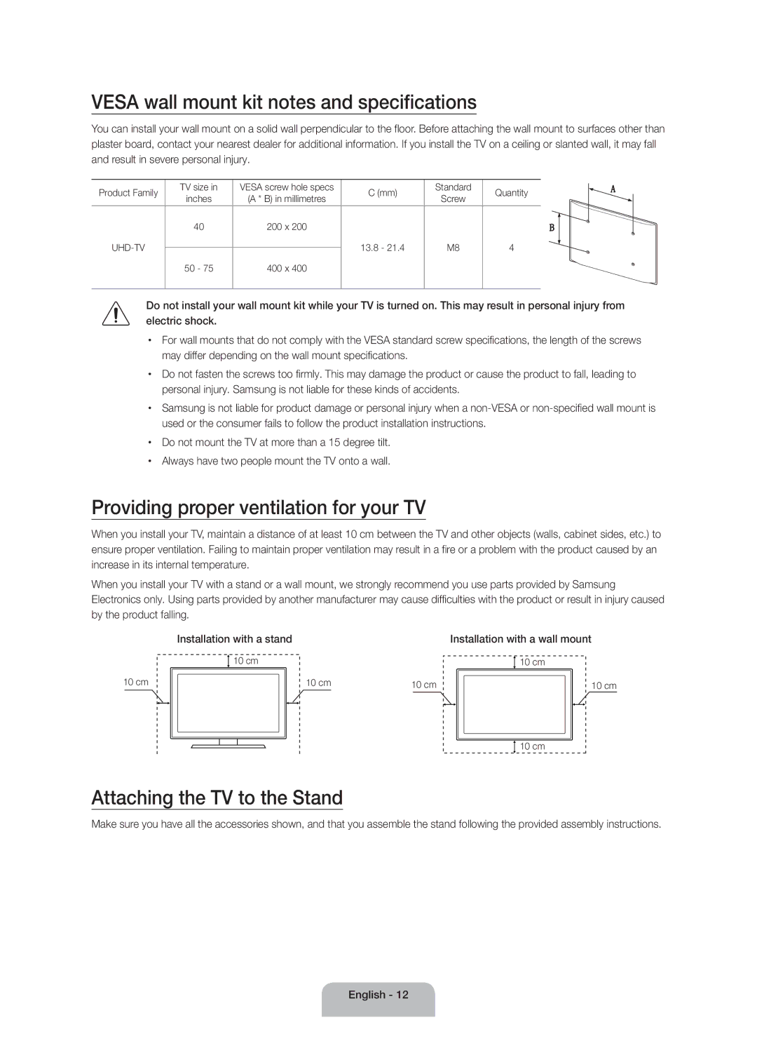 Samsung UA65JU6400RXUM manual Vesa wall mount kit notes and specifications, Providing proper ventilation for your TV 