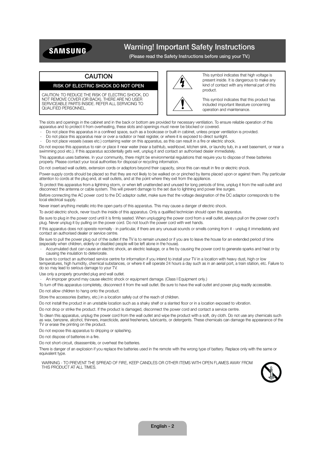 Samsung UA65JU6400RXUM, UA50JU6400RXUM, UA60JU6400RXUM, UA55JU6400RXUM, UA75JU6400RXUM Risk of Electric Shock do not Open 