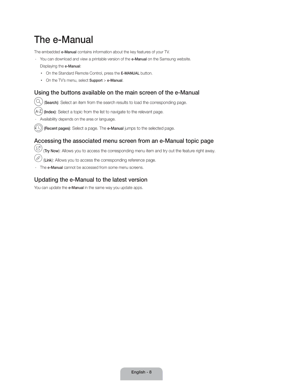 Samsung UA55JU6400RXUM, UA50JU6400RXUM manual E-Manual, Accessing the associated menu screen from an e-Manual topic 