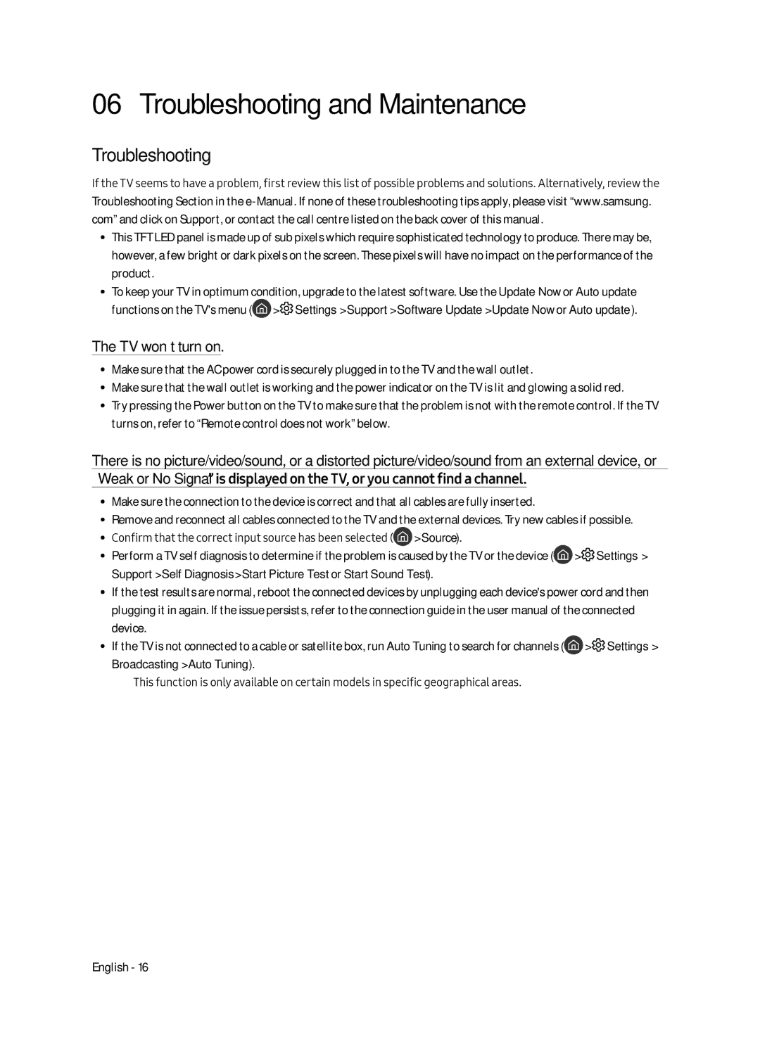 Samsung UA43MU6153KXXV, UA50MU6153KXXV, UA40MU6153KXXV manual Troubleshooting and Maintenance, TV won’t turn on 