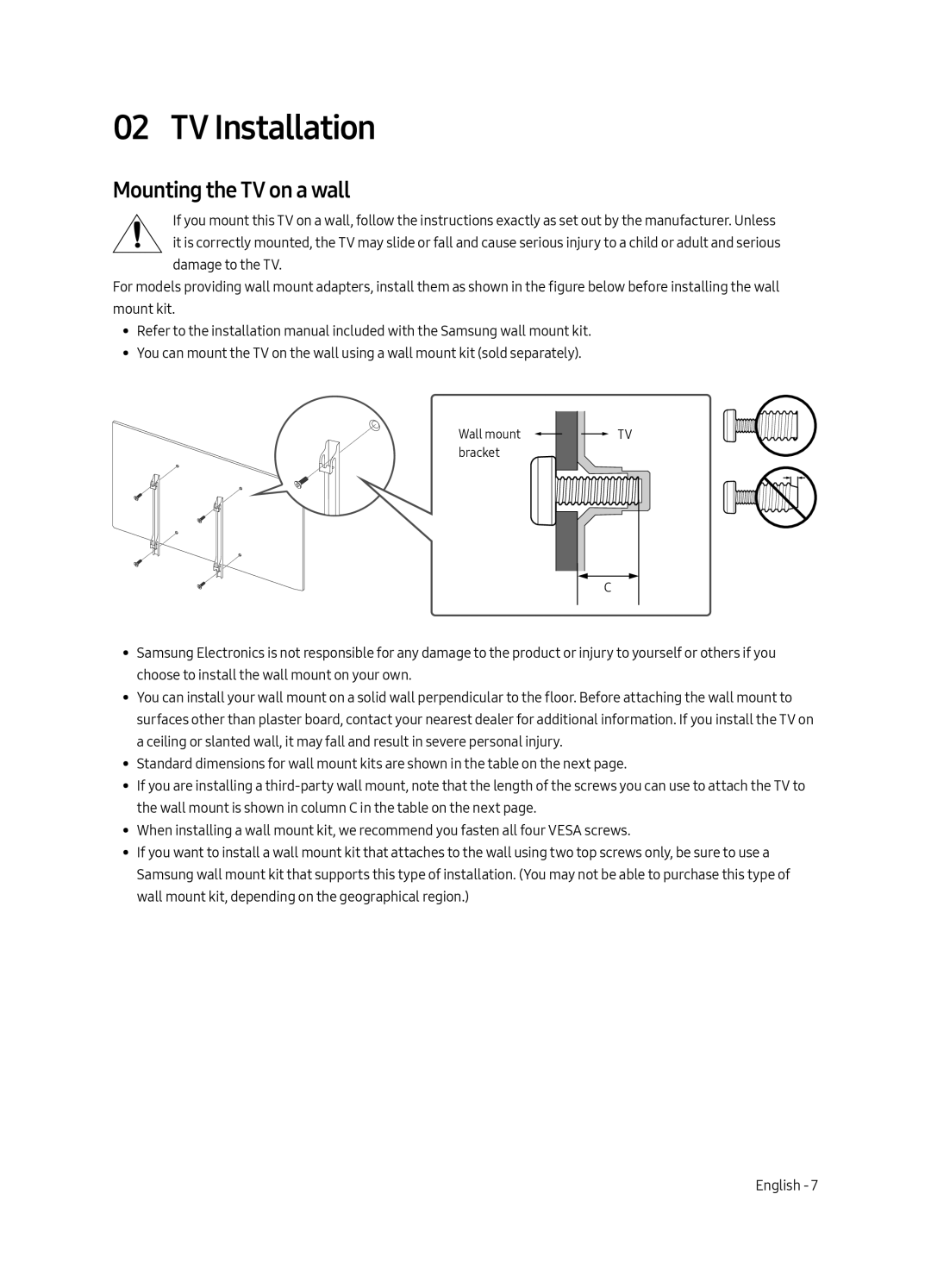 Samsung UA43MU6153KXXV, UA50MU6153KXXV, UA40MU6153KXXV manual TV Installation, Mounting the TV on a wall 