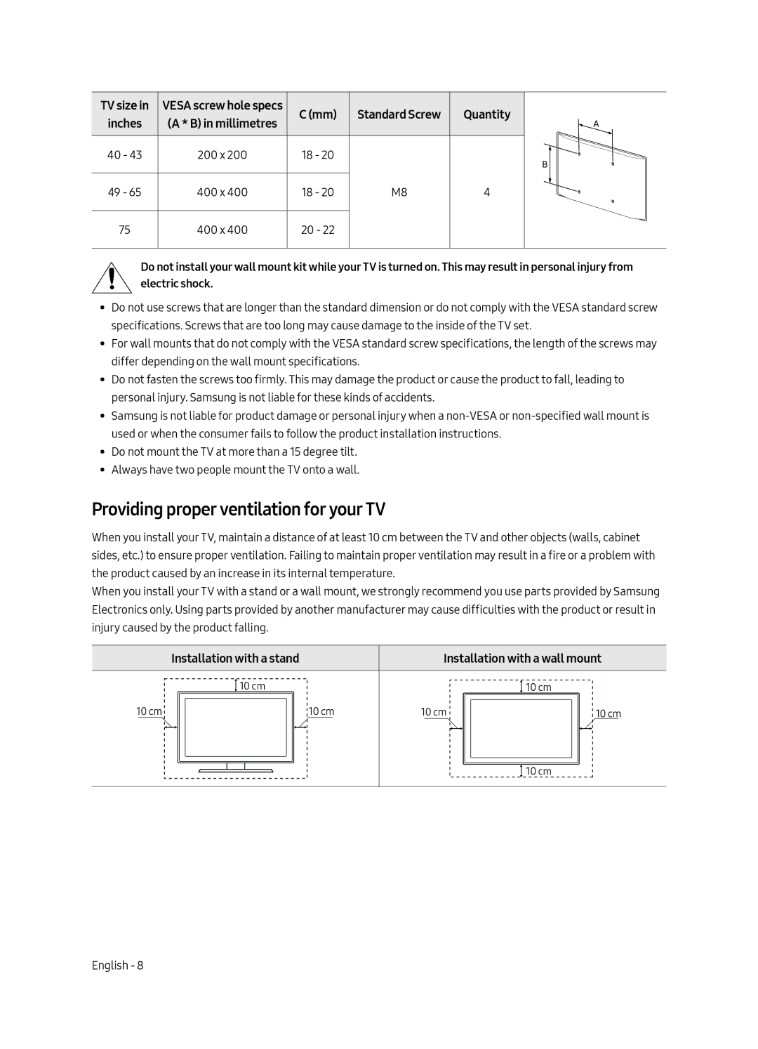 Samsung UA40MU6153KXXV, UA50MU6153KXXV, UA43MU6153KXXV manual Providing proper ventilation for your TV 