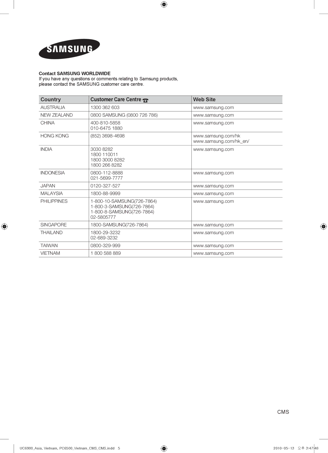 Samsung UA55C6900VHXZN manual Country Customer Care Centre Web Site 