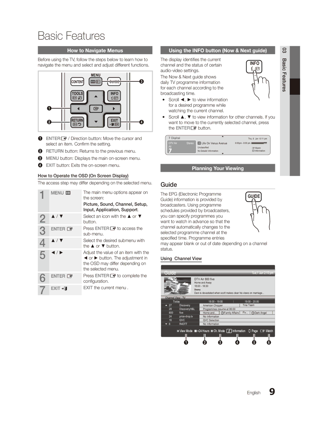 Samsung UA55C6900VMXXV manual Guide, How to Navigate Menus, Using the Info button Now & Next guide, Planning Your Viewing 