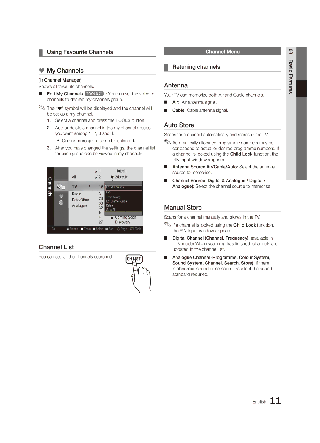 Samsung UA40C6900VMXXV, UA55C6900VMXXV, UA32C6900VMXXV manual My Channels, Antenna, Auto Store, Manual Store, Channel List 