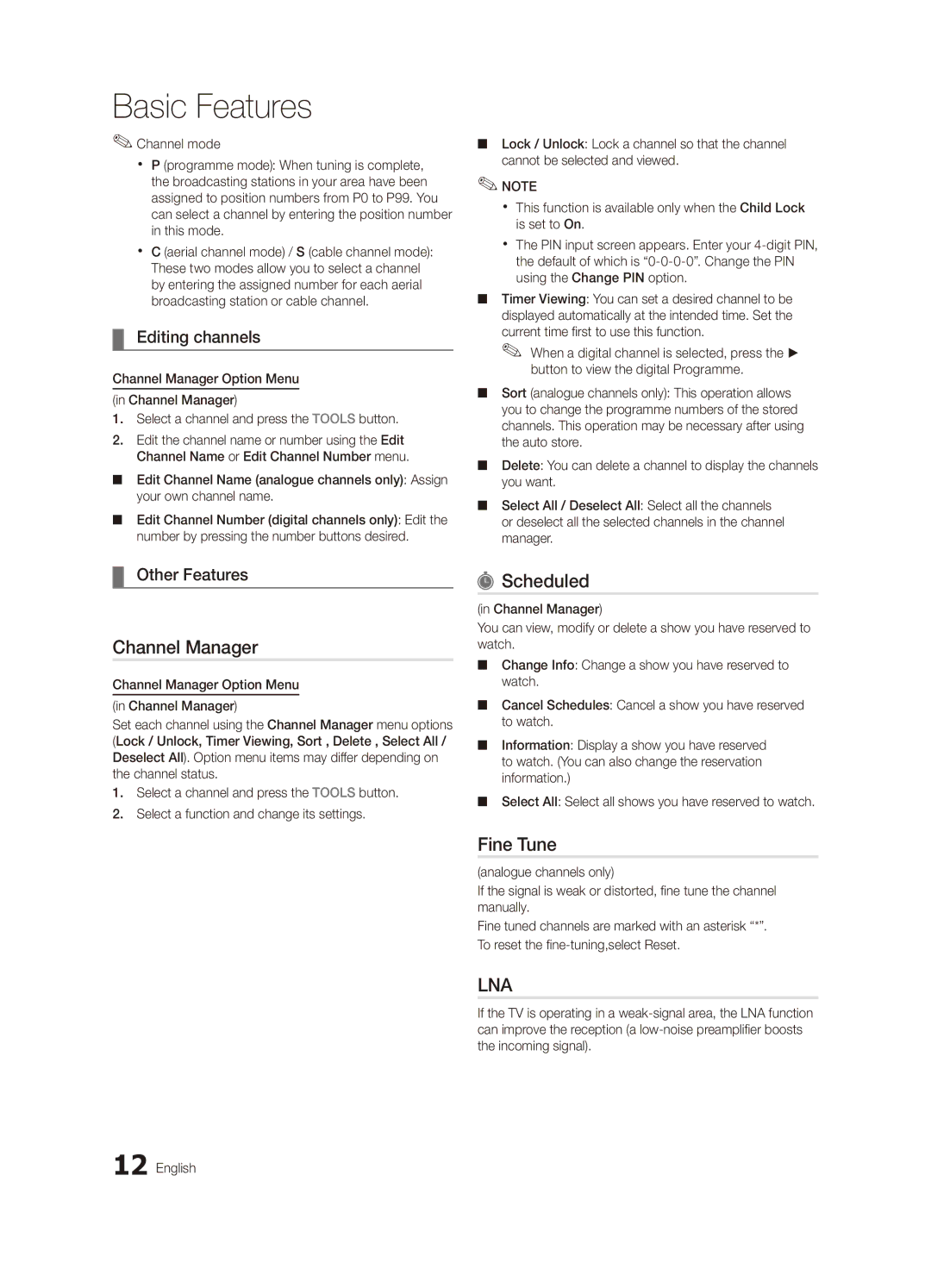 Samsung UA46C6900VMXXV, UA55C6900VMXXV, UA32C6900VMXXV manual Scheduled, Fine Tune, Editing channels, Other Features 