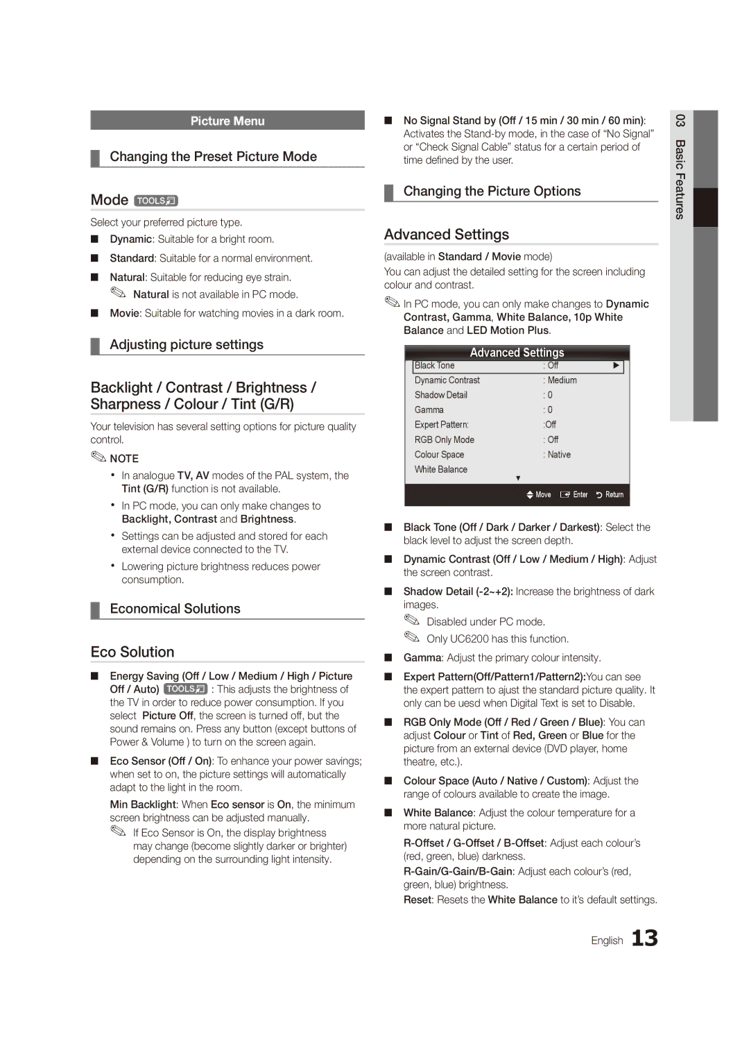 Samsung UA55C6900VMXXV, UA32C6900VMXXV, UA40C6900VMXXV, UA46C6900VMXXV manual Mode t, Eco Solution, Advanced Settings 