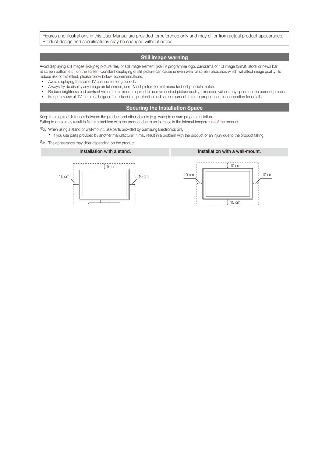 Samsung UA40C6900VMXXV manual Still image warning, Securing the Installation Space, Installation with a stand, 10 cm 