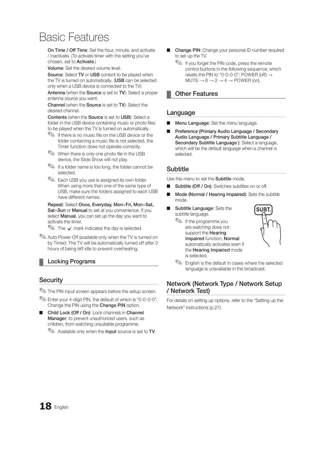 Samsung UA32C6900VMXXV Security, Other Features Language, Subtitle, Network Network Type / Network Setup / Network Test 