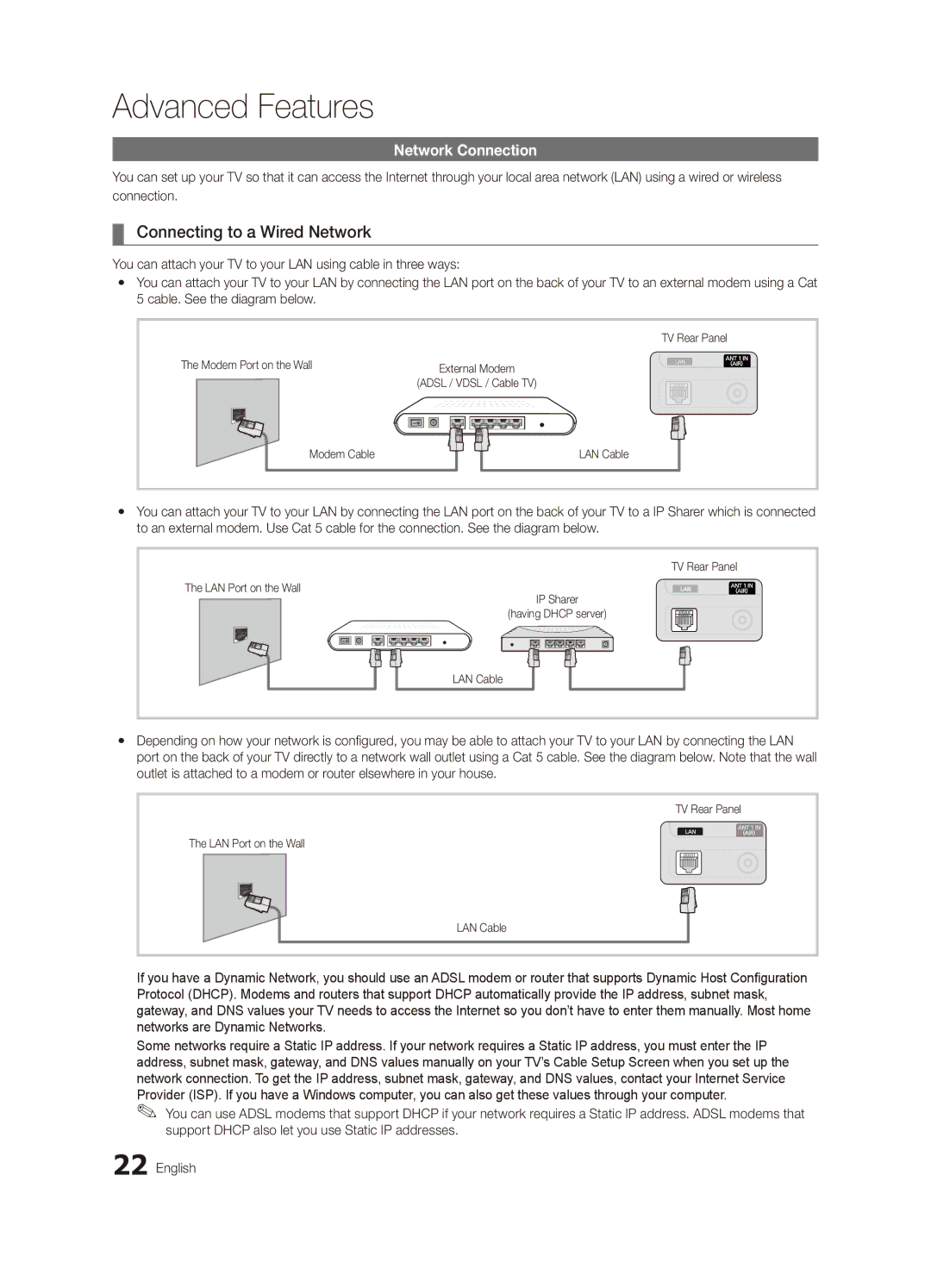 Samsung UA32C6900VMXXV Connecting to a Wired Network, Network Connection, Modem Port on the Wall, Modem Cable LAN Cable 