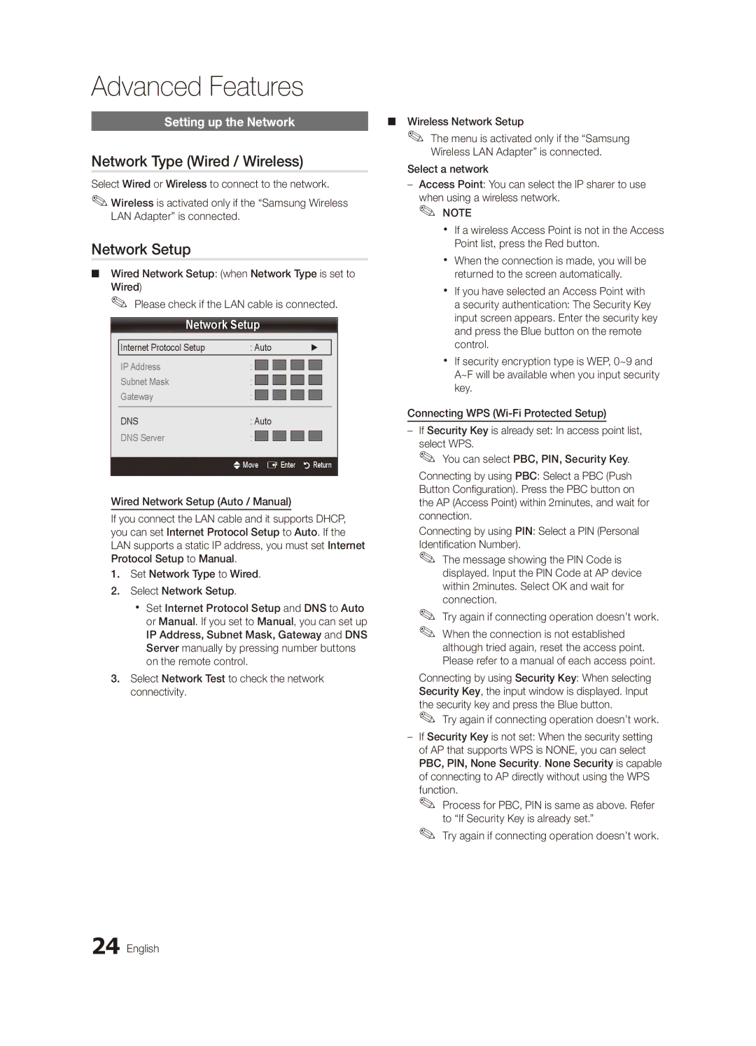 Samsung UA46C6900VMXXV, UA55C6900VMXXV, UA32C6900VMXXV Network Type Wired / Wireless, Network Setup, Setting up the Network 