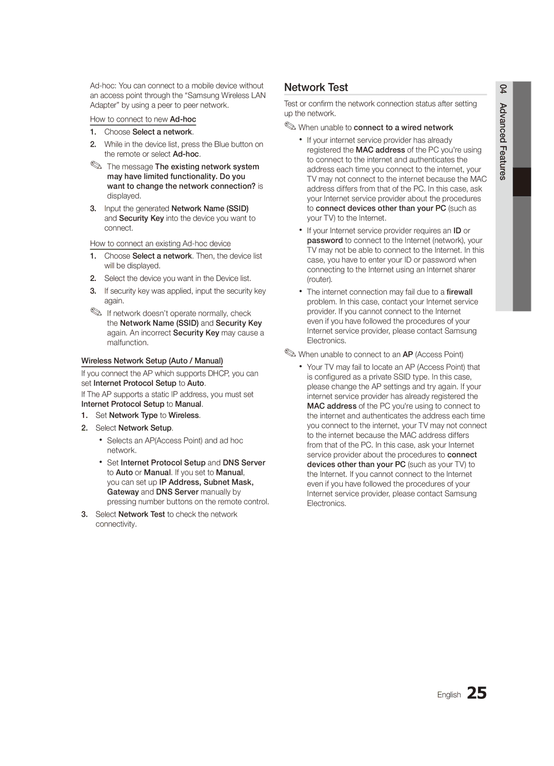 Samsung UA55C6900VMXXV manual Select Network Test to check the network connectivity, Advanced Features English 