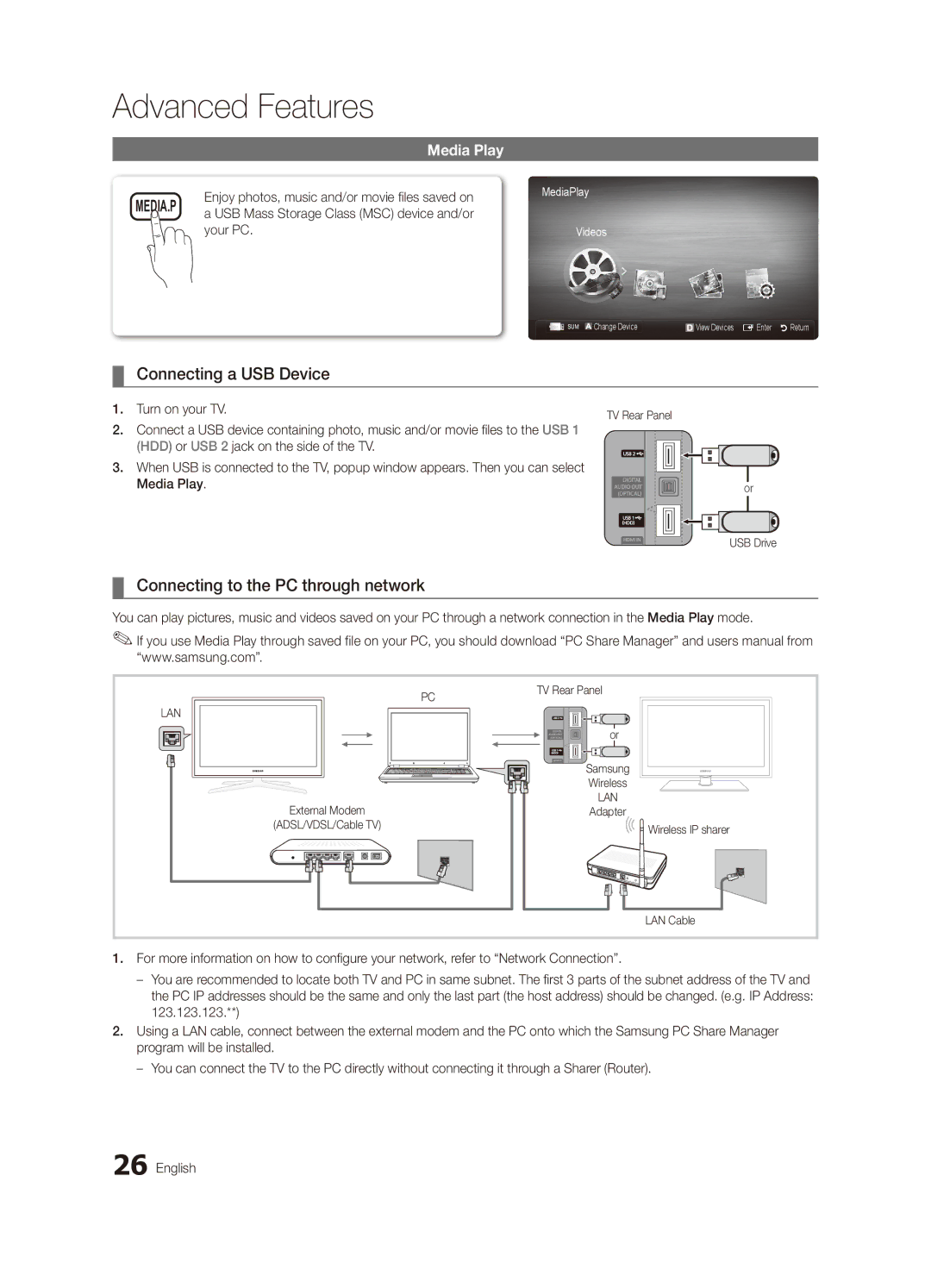 Samsung UA32C6900VMXXV, UA55C6900VMXXV manual Connecting a USB Device, Connecting to the PC through network, Media Play 