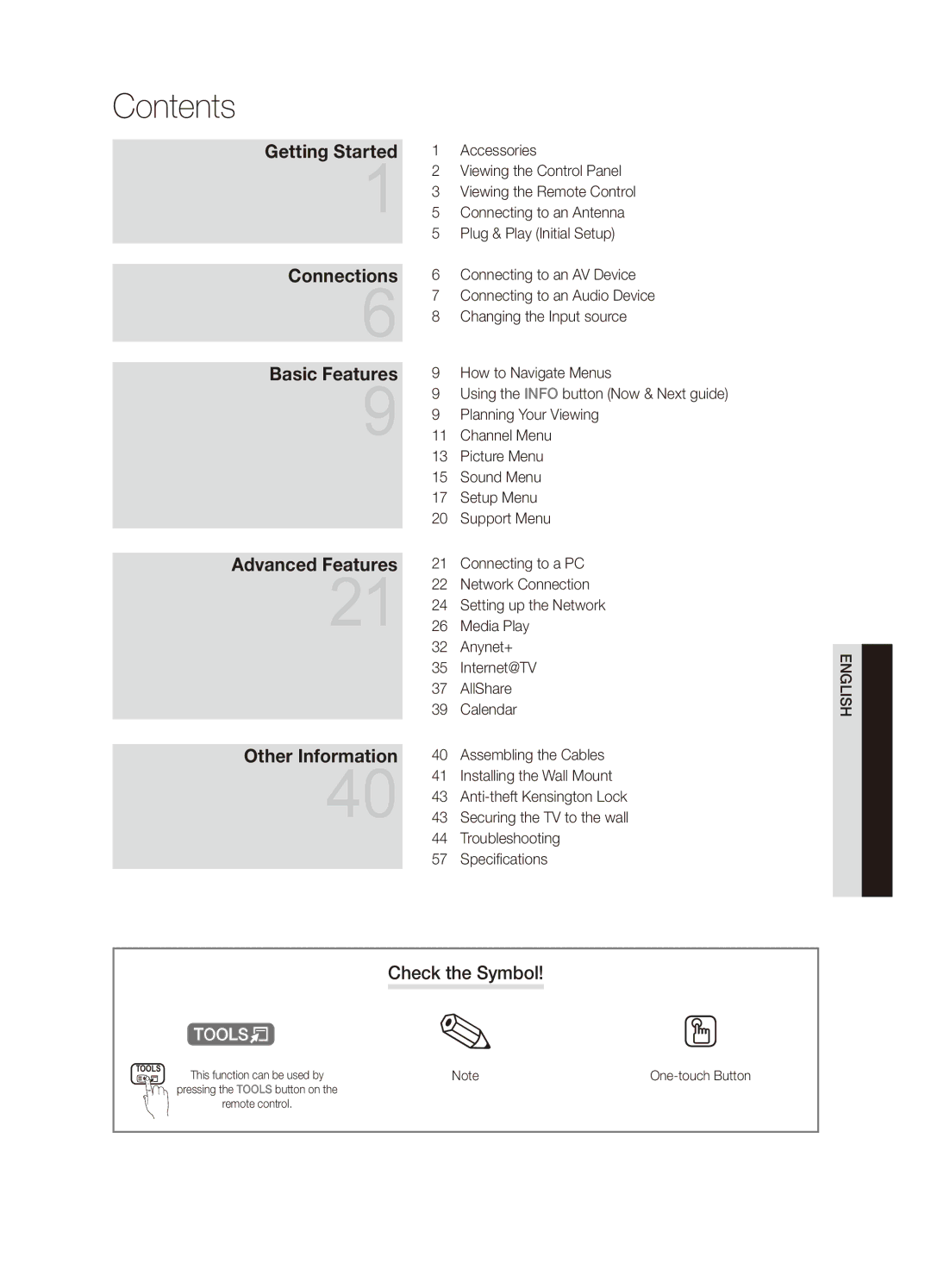 Samsung UA46C6900VMXXV, UA55C6900VMXXV, UA32C6900VMXXV, UA40C6900VMXXV manual Contents 