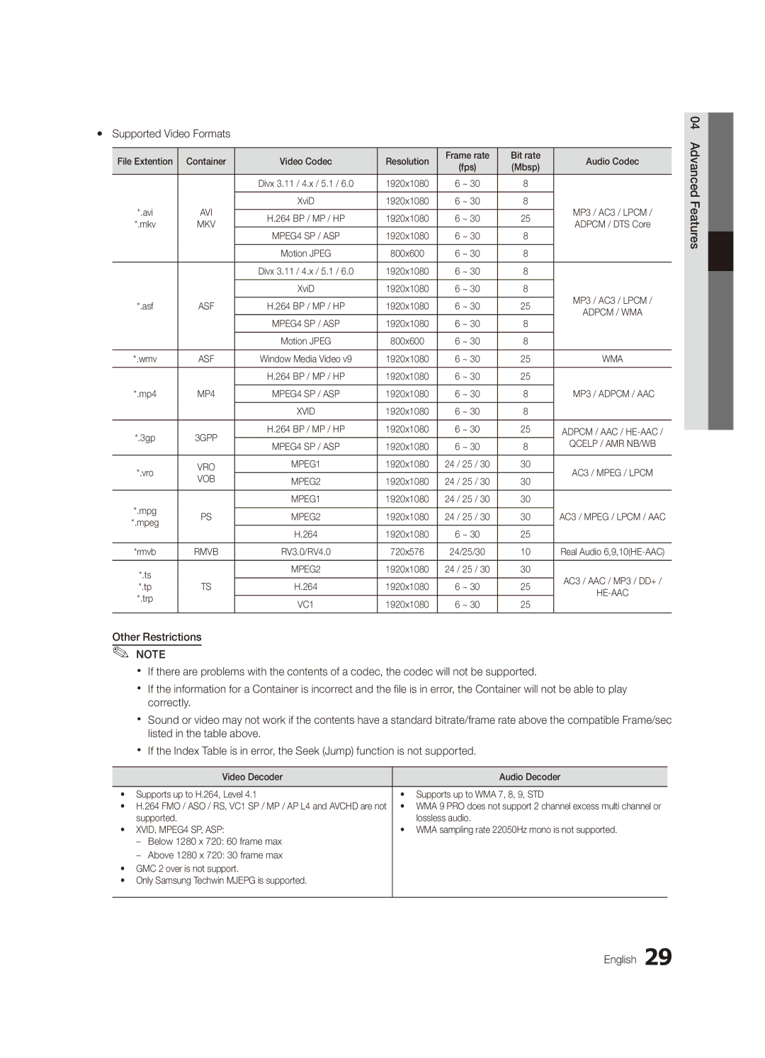 Samsung UA55C6900VMXXV, UA32C6900VMXXV, UA40C6900VMXXV manual Yy Supported Video Formats, 1920x1080, Supported Lossless audio 